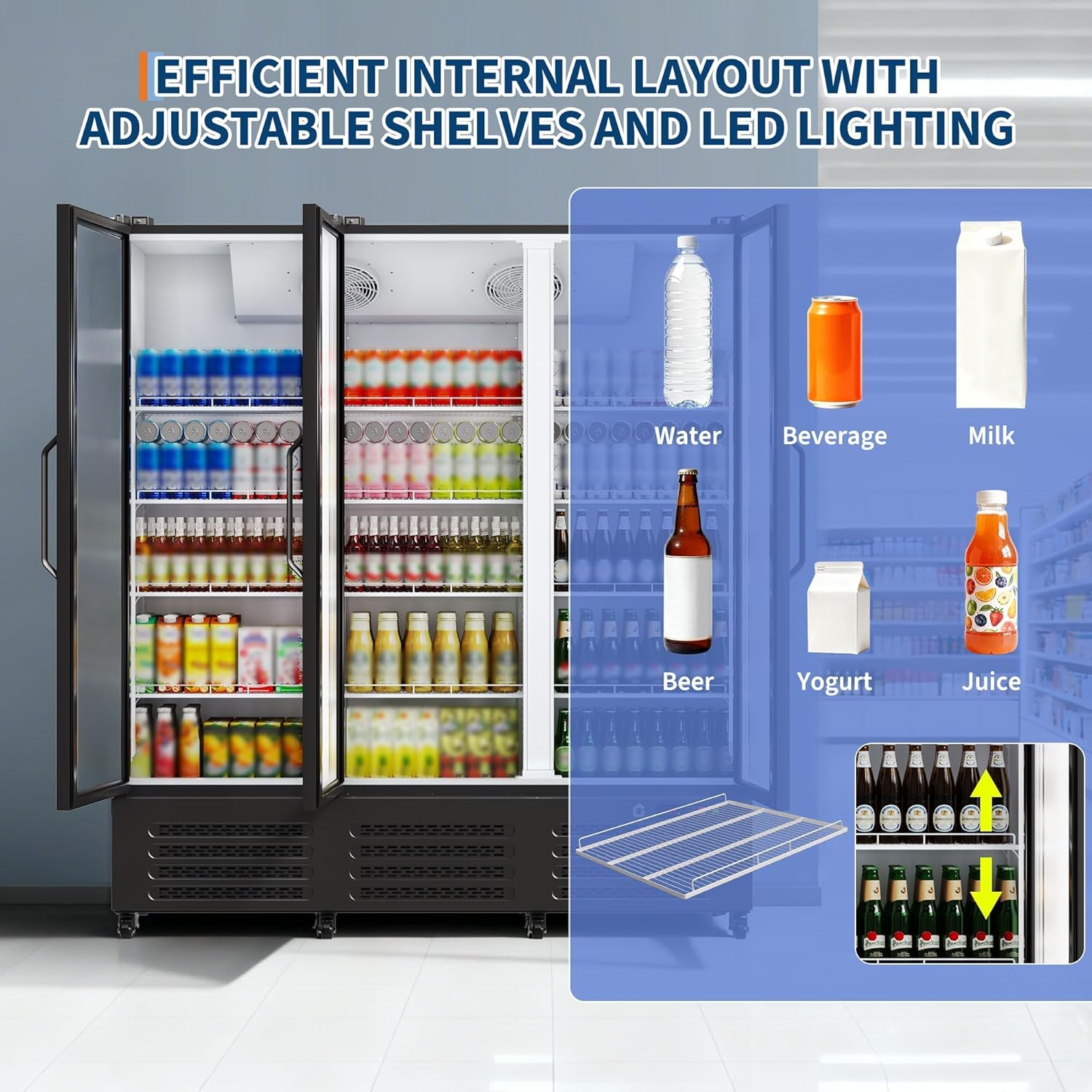 Commercial Refrigerator, Three Glass Door Display Beverage Fridge, 40 Cu Ft Upright Beverage Cooler Merchandiser with Soft LED Light, Adjustable Shelves and Swivel Castors, Fast Cooling