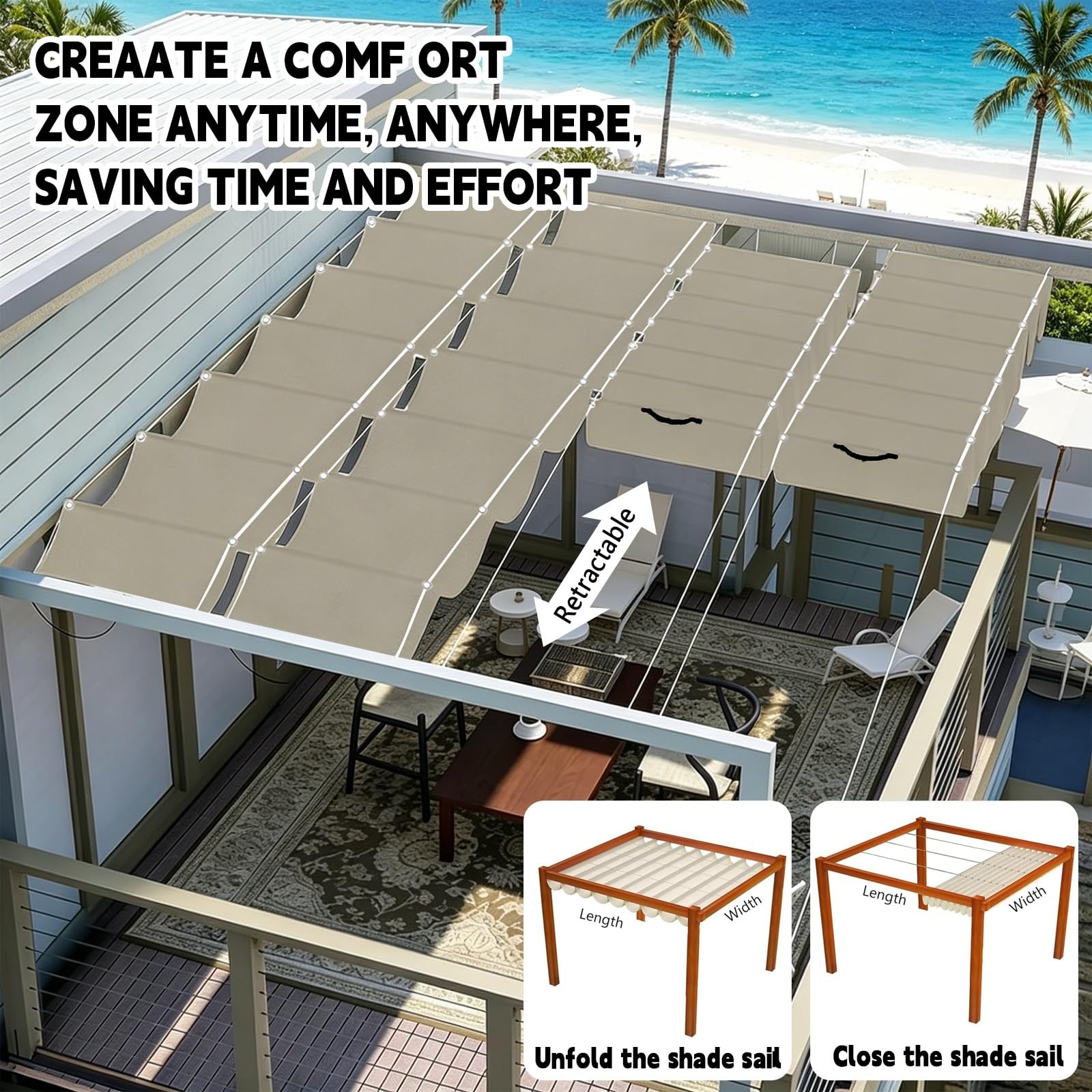 Toldo Retráctil Tipo Ola 100 x 700 cm con Ojales y Cuerda, Vela Sombra Impermeable y Rectangular con Bloqueo UV y Resistencia a Desgarros para Jardín Porche Patio Barbacoa, Caqui