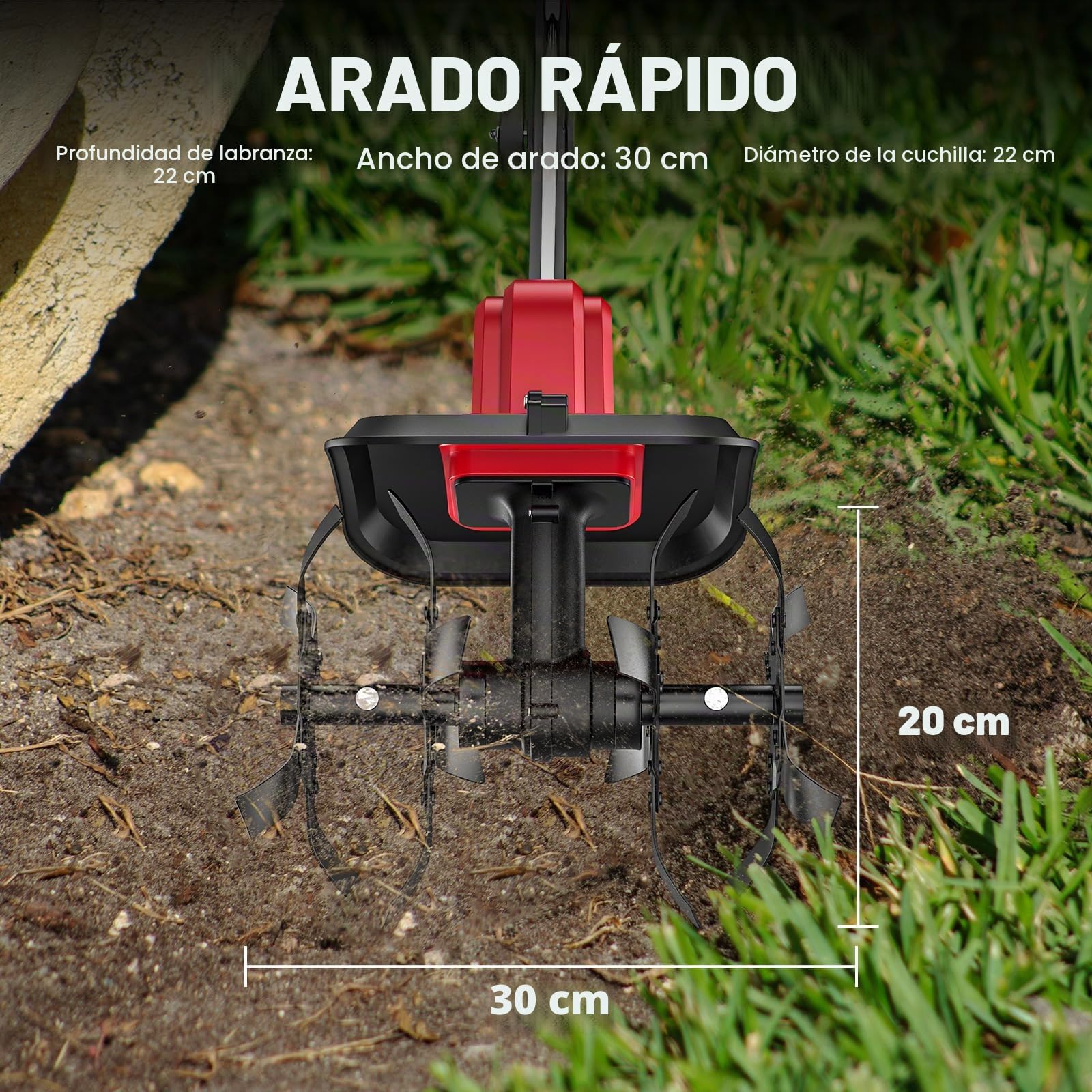 Motoazada Electrica 500W,Motoazada Batería Inalámbrica con 2 baterías,Doble Rueda y 4 Cuchillas Ancho de Trabajo de 30 cm Profundidad de 22 cm Indicador de Carga Cultivador de Jardín