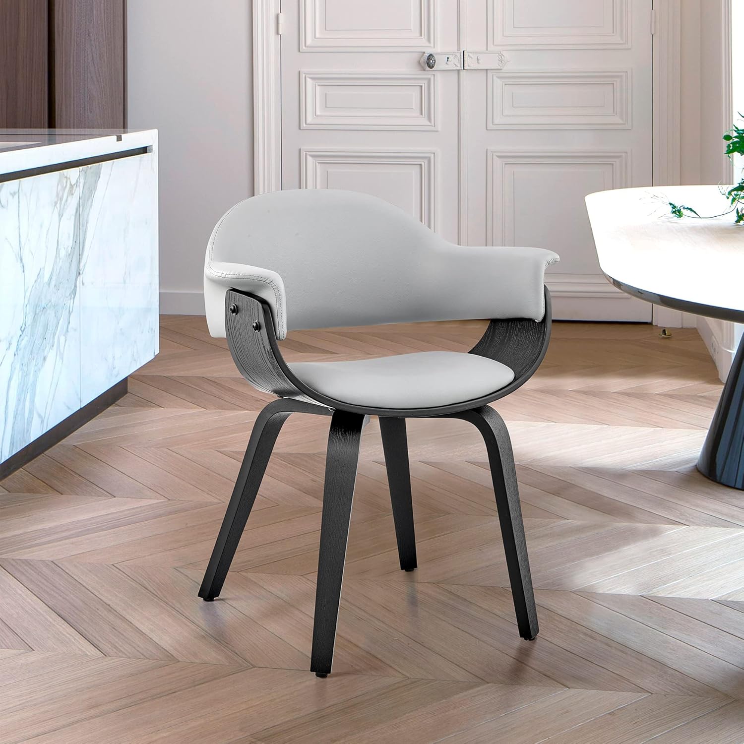 Armen Living Adalyn Faux Leather and Wood Dining Room Accent Chair, Gray/Black 19D x 25W x 30H in