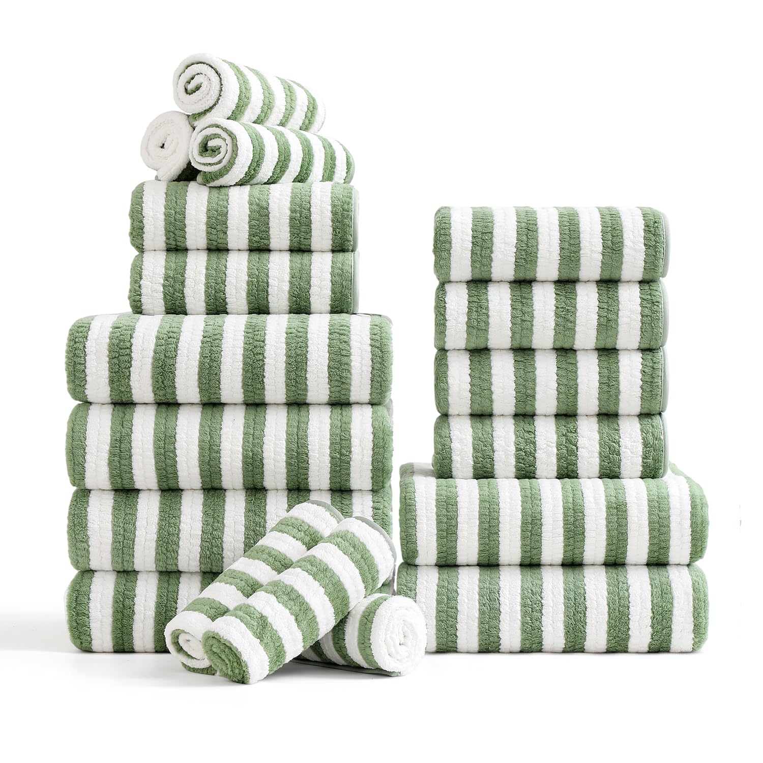 Photo 1 of 18-Piece Microfiber Bath Towels Set - 6 Bath Sheet, 6 Hand Towels, 6 Washcloths, Soft, Highly Absorbent Bathroom Towel, Quick Dry & Less Lint Shower towel for Bathroom, Hotel, Spa, Dorm-Light Green