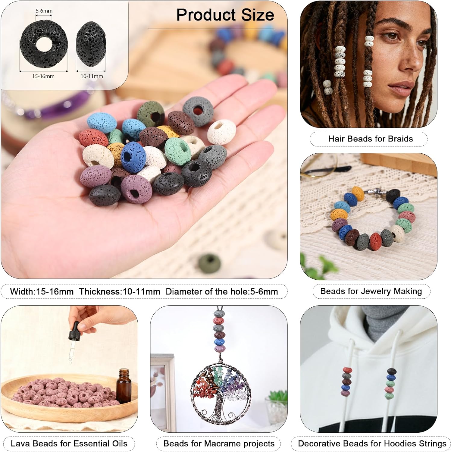 TUMBEELLUWA 100Pcs Lava Stone Rondelle Beads for Jewelry Making, Energy Volcanic Rock Large Hole Loose Beads Bulk for DIY, Mixed Color - Image 3