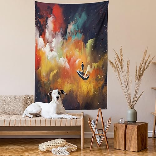 Miniatura 2 de Ambesonne Tapiz de fantasía, hombre en un barco flotando dentro de una nube nebulosa en un fondo psicodélico colorido vívido, colgante de pared para