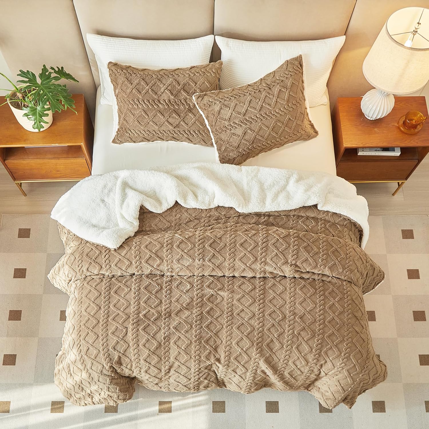 Joyreap 3-Piece Fluffy Faux Fur Sherpa Comforter Set Coffee, Queen Size Luxury Tufted Bedding Comforter Set, All Season Soft n Cozy Plush Comforter Bed Set- 88x88 inches - Image 3