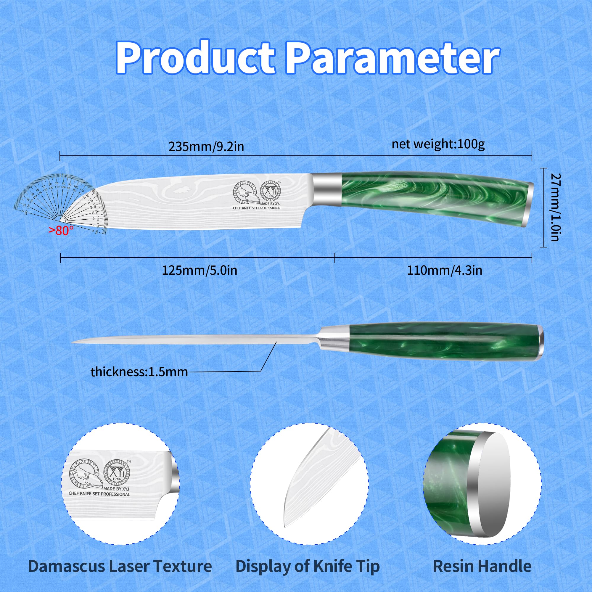 XYJ giapponese Santoku coltello in acciaio inox 5 pollici rasoio affilato coltello da cucina per frutta verdura, posate da cucina, coltello mannaia carne con copertura, manico in resina verde