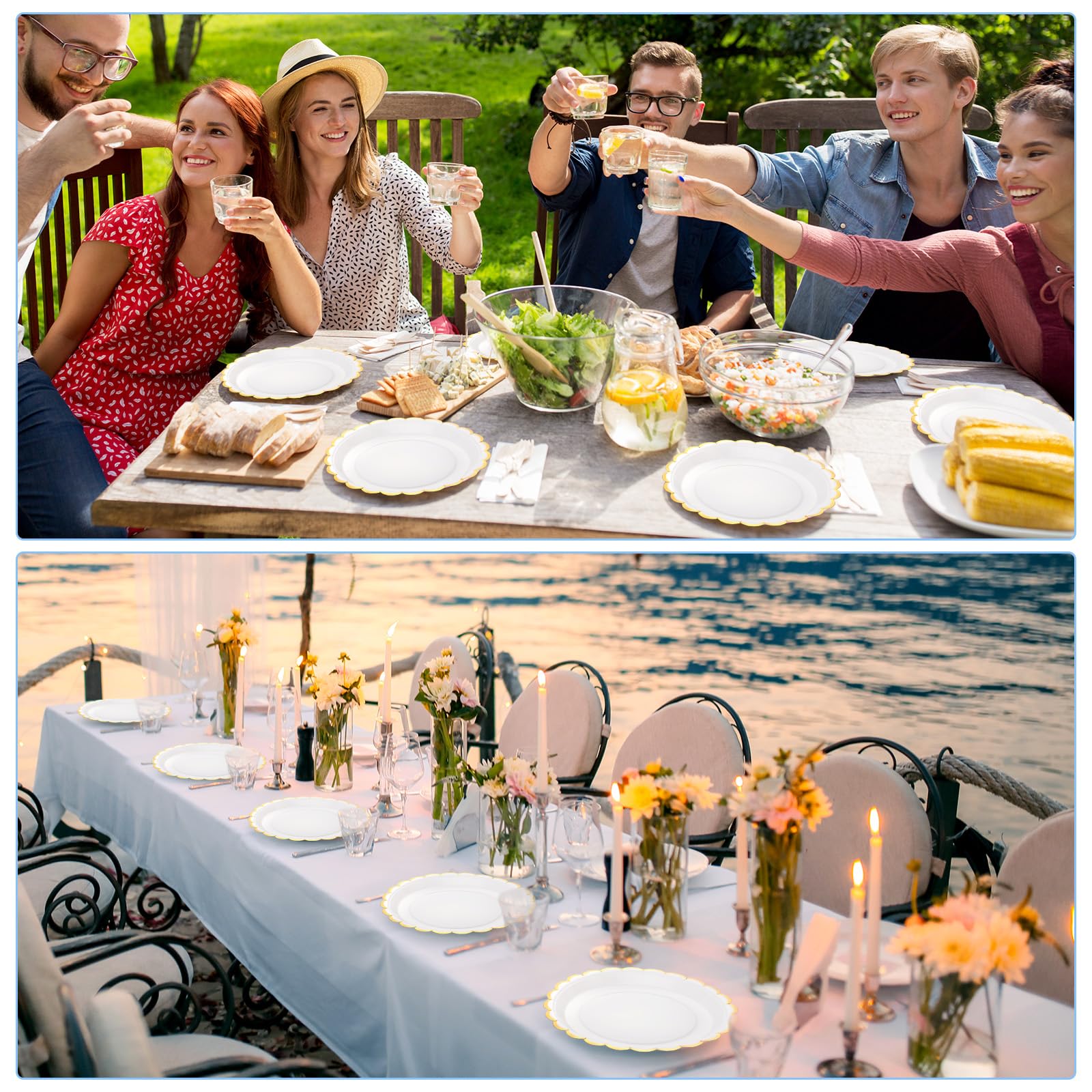 Maxcheck 50 Stück weiße gewellte Pappteller mit Goldfolie, 22,9 cm, Einweg-Pappteller für Kuchen, Dessert, Geburtstag, Babyparty, Hochzeit, Teeparty, Zubehör