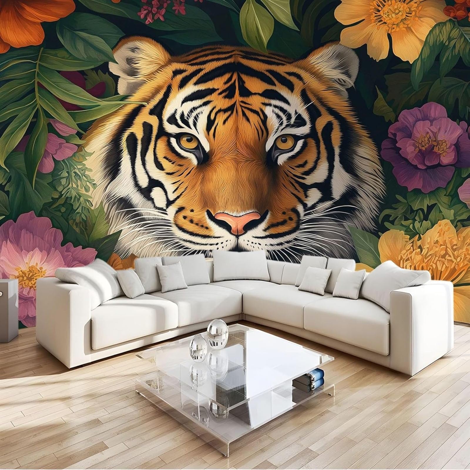 hgjdjhnf 3D Animal/Tiger/Floral Art Wallpaper, Non-Woven Wallpaper, Wall Decor for Living Room, Bedroom, Apartment, 350cm x 256cm Stickers - Frameless Painting - Poster