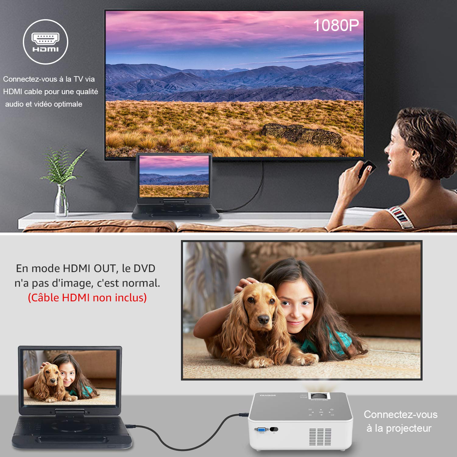 FANGOR Lecteur DVD Blu-Ray Portable 12 Pouces Accepte Full HD 1080P Dolby Audio, Batterie Rechargeable Intégrée, Supporte HDMI, AV in, USB/SD/MMC 4 Heures d'autonomie