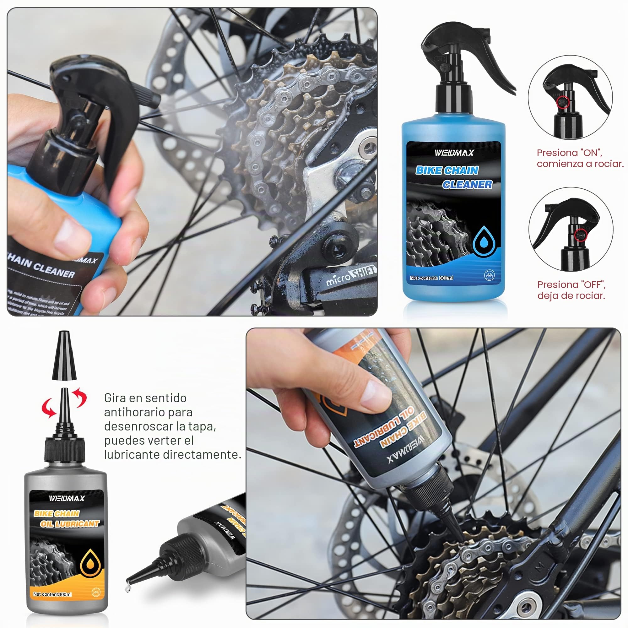 WEIDMAX Kit de Lubricante Cadena Bicicleta, 6 en 1 Kit de Limpieza de Bicicleta con Grasa Cadena Bicicleta Biodegradable 100 ml, Spray Limpiador De Bicicleta 300 ml, Grasa Cadenas MTB con Cepillos