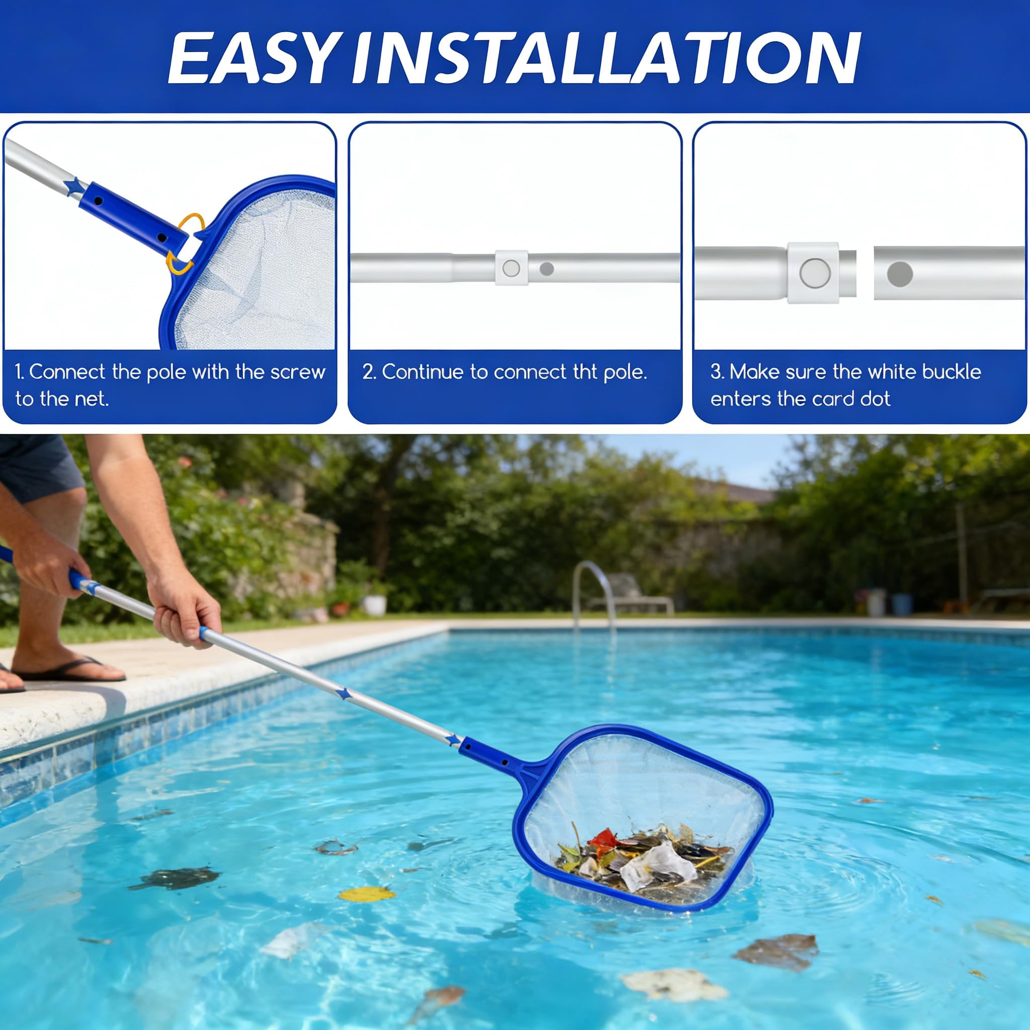 Retino Piscina - Retino per Piscina 120CM Rete a Maglia Fine per Foglie con Asta Telescopica in Alluminio per Pulizia Piscina Spa Stagni e Acquari da Foglie e Detriti