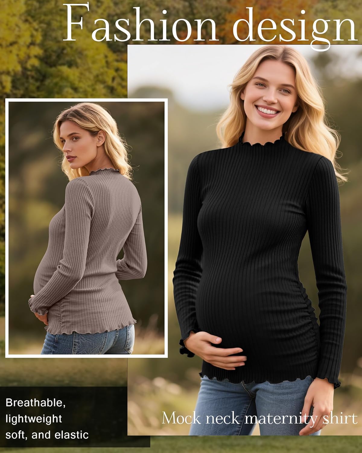 Huukeay 3 Pack Women's Maternity Shirts Ribbed Knit Pregnancy Tops Long Sleeve Mock Neck Basic Tunic Fall Clothes