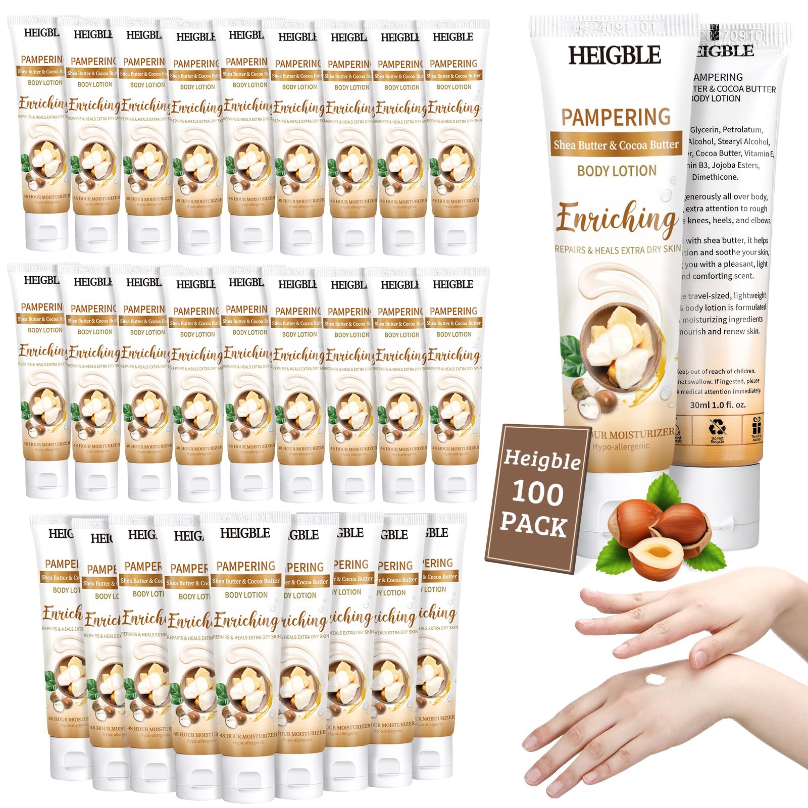 Heigble 100 Pack Travel Size Body Lotion Shea Butter Cocoa Butter Body Cream 1 oz Dry Skin Moisturizer with Flip Cap for Extra Dry Skin, Inns, Hotels