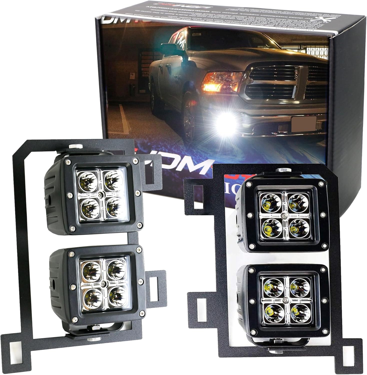 iJDMTOY Dual LED Pod Light Fog Lamp Kit Compatible With 2013-18 Dodge RAM 1500, Includes (4) 20W High Power LED Cubes, Foglight Location Mounting Brackets & Wiring/Adapter Harnesses