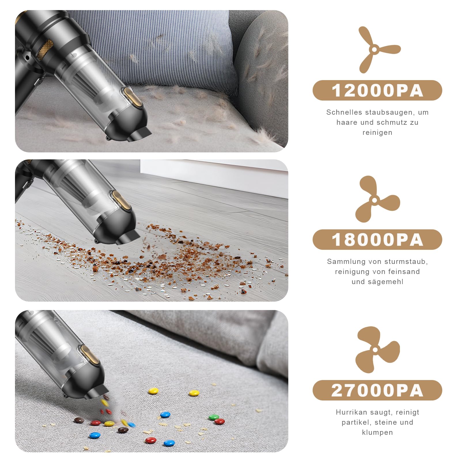 KITBEZN Handstaubsauger, 27KPA Handstaubsauger Akku Kabellos | 135W Autostaubsauger Stark, 4-in-1 Mini Staubsauger mit Bürstenloser Motor per Auto, Haus, Tierhaare, Sofa Reinigung