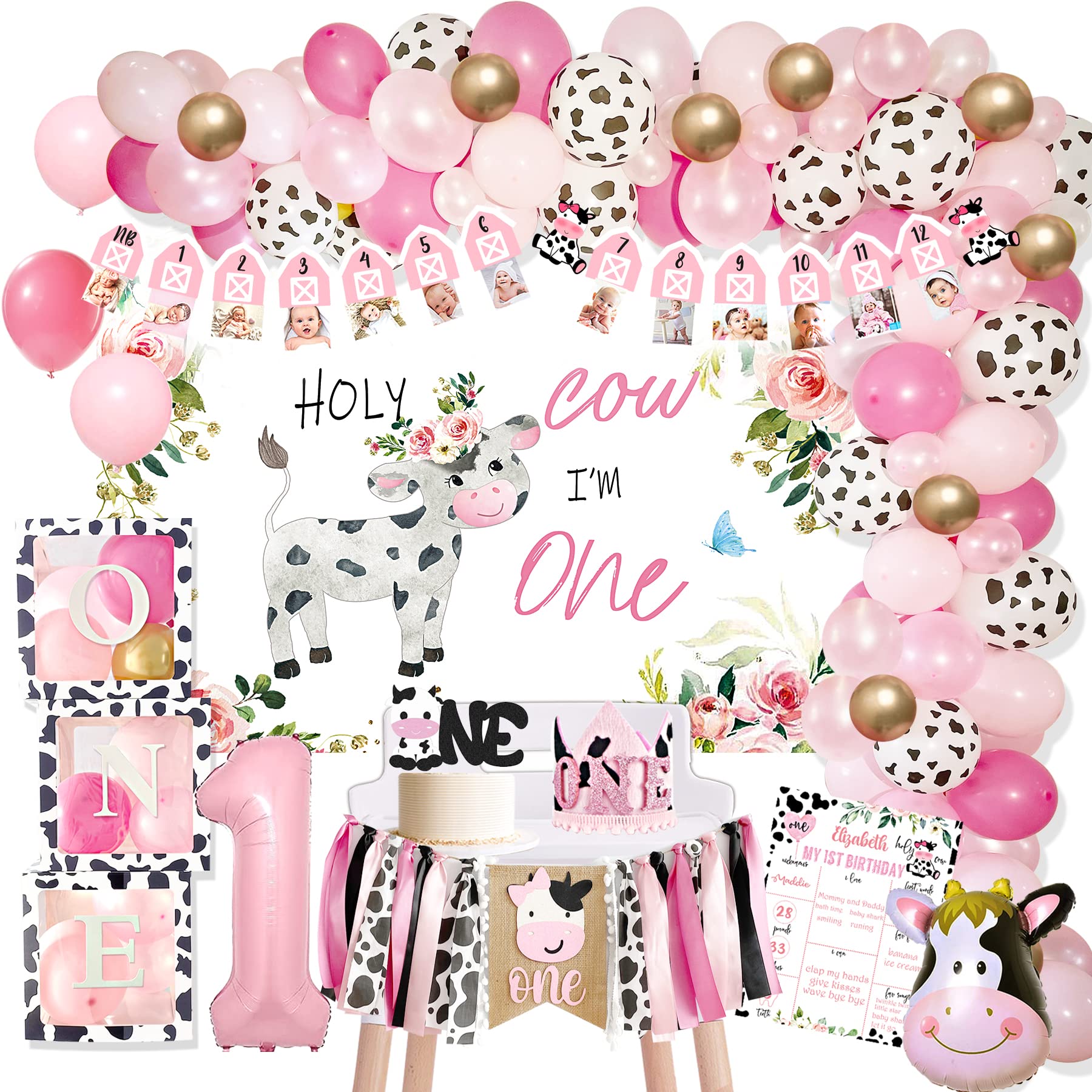 Holy Cow I’m One Birthday Decorations Girl, Cow First Birthday Party Decorations, First Birthday Decoration for Girl, Farmhouse Animal Cow First Birthday Party Decor