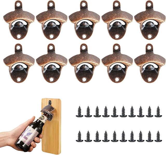 Trintion 10 Pcs Wall Mounted Bottle Opener Metal Beer Bottle Opener for Wall Retro Style Beer Opener with Screws for Game Room Club Kitchen Vintage Rustic Bar