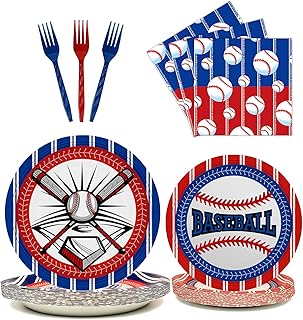96 Pcs Baseball Plates Baseball Birthday Party Supplies Including Baseball Plates and Napkins Forks, Baseball Party Favors for Kids Baseball Party Decorations