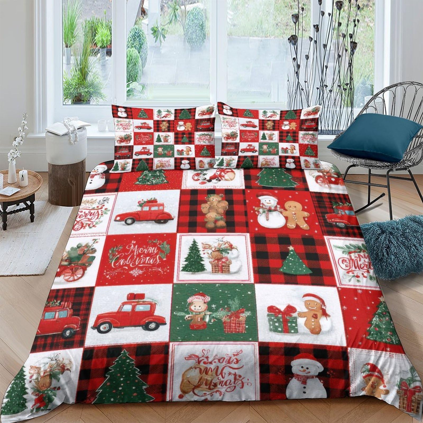Ctjqhvkz Style-5 3D Printed Christmas Patchwork Fitted Sheet Microfiber Soft Red Plaid Tree Gingerbread Bed Cover For Bedroom Dorm Mattress Decor Single（135X200cm）
