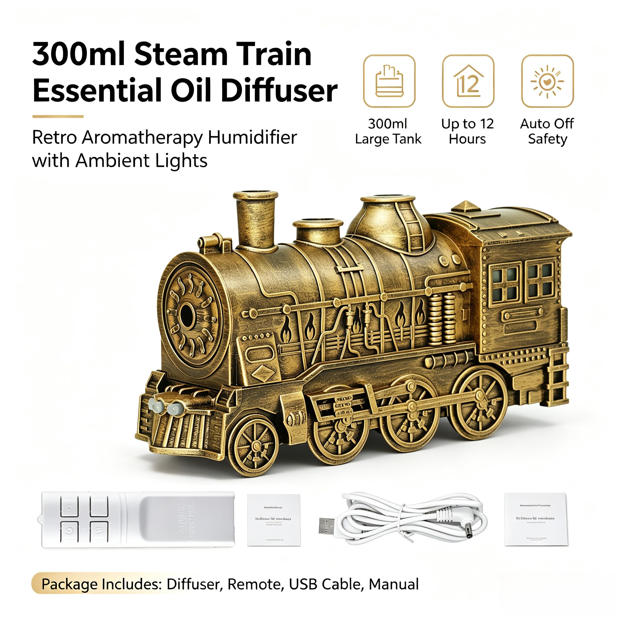 Diffuseur d'huiles essentielles Train - 300 ml - Avec télécommande - Arrêt automatique - Pour la maison ou le bureau - Couleur cuivre