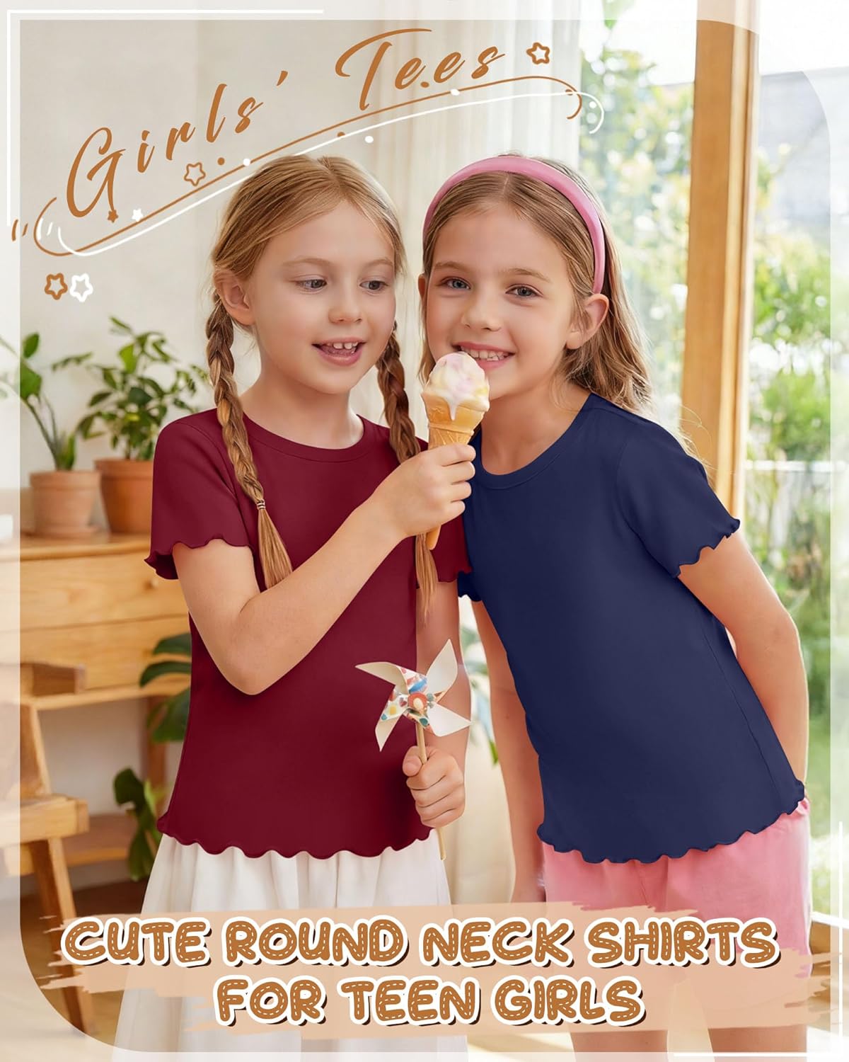 Oakgarden 4 Pack Girls Short Sleeve T-Shirts Kids Summer Tops Crewneck Lettuce Trim Teens Comfy Slim Fitted Tees 5-16 Years
