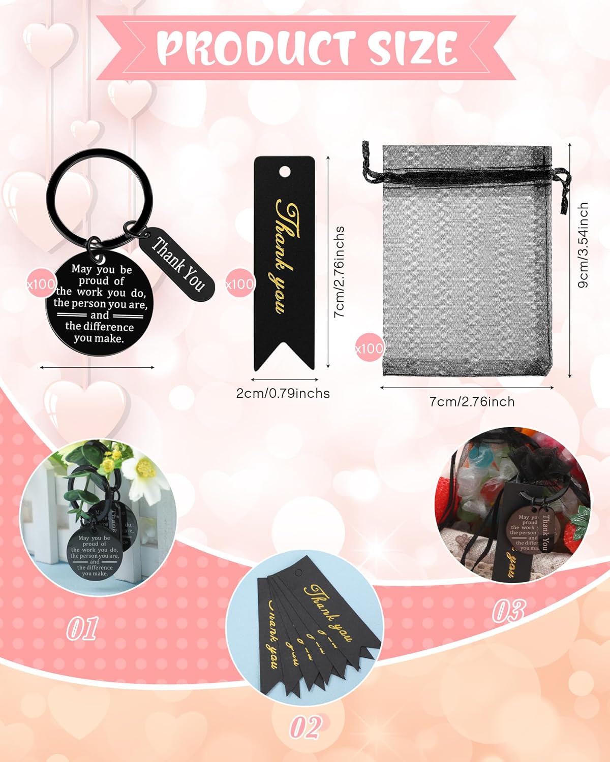 Yinkin 300 Pcs Bulk Gifts for Coworkers Employee Thank You Gifts Include 100 Inspirational Employee Appreciation Keychain 100 Organza Bags 100 Cards for Valentines Teacher Nurse Team(Black)