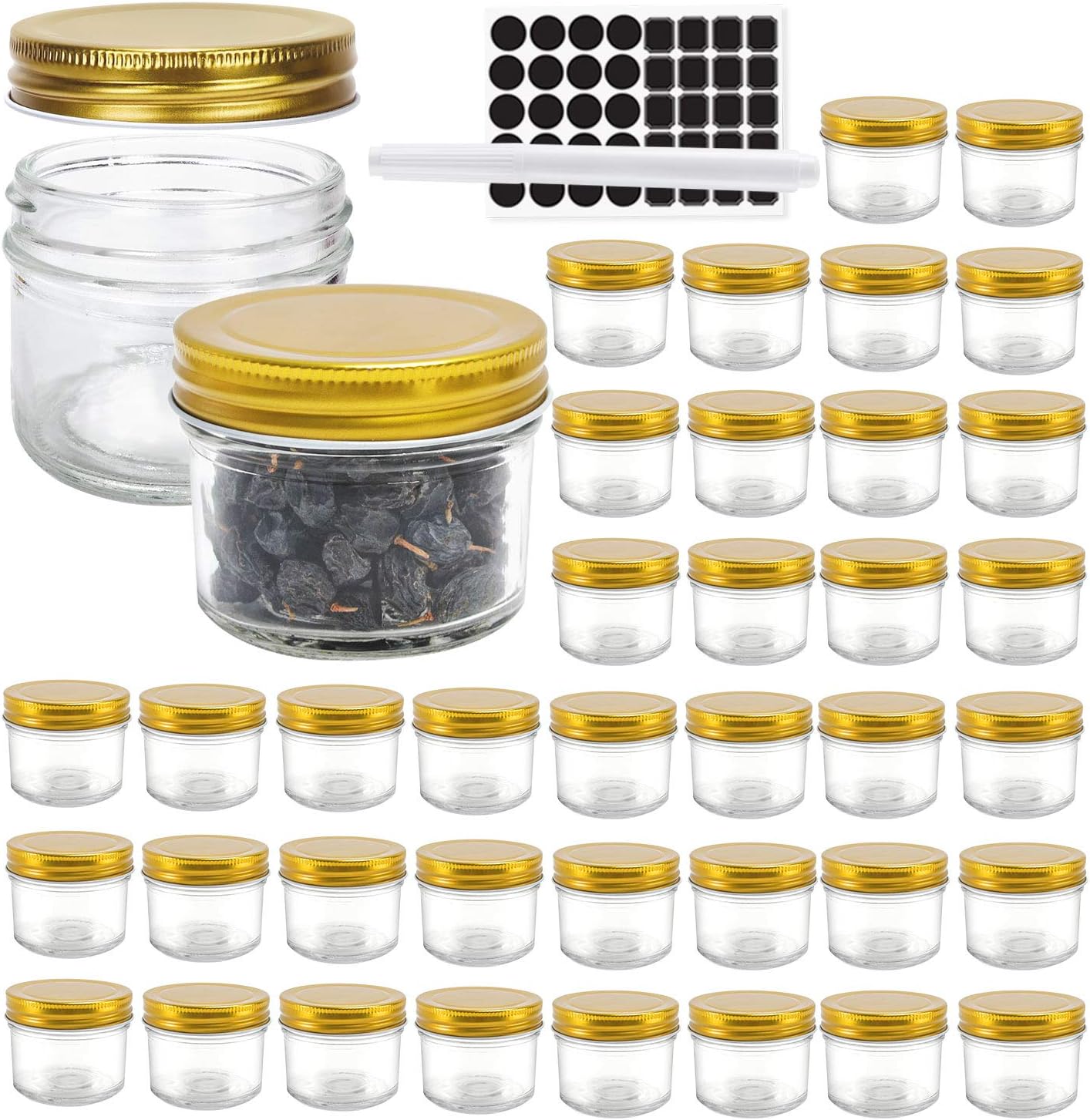 STARSIDE 40 Pack 4 oz Glass Mason jars With Regular Gold Lids, Perfect Canning Jars Containers for Jam, Honey, Candies,Wedding Favors, Decorations,Included 1 Pens and 80 Labels.