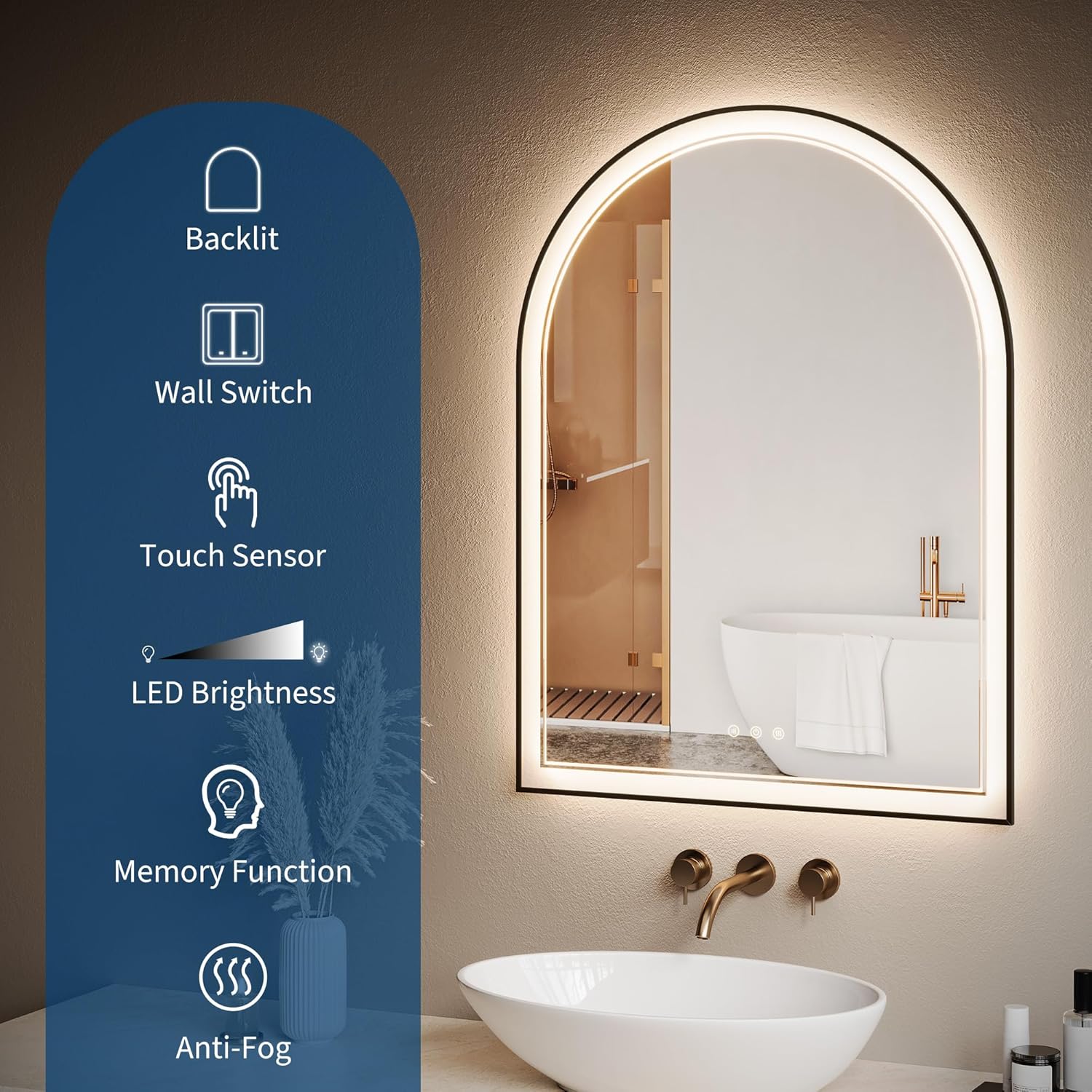 Arched LED Bathroom Mirror, 24"x32" Black Bathroom Mirror with 3 Colors Lights-Anti-Fog, Dimmable-LED Mirror for Bathroom, Black
