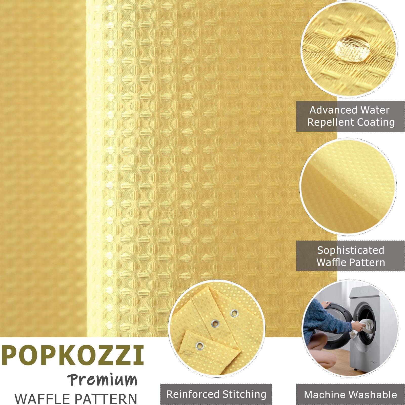 Popkozzi Yellow Long Fabric Shower Curtain: 78 Inch Waffle Weave Heavy Duty Shower Curtains for Bathroom - Image 2
