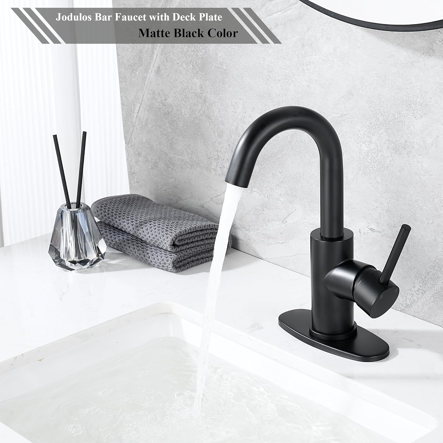 Black Bar Faucet Single Hole, Jodulos Black Matte Bar Sink Faucet with Deck Plate and Supply Lines, Stainless Steel Single Handle Wet Bar Sink Faucet, Matte Black Bathroom Faucet JU1100-BK