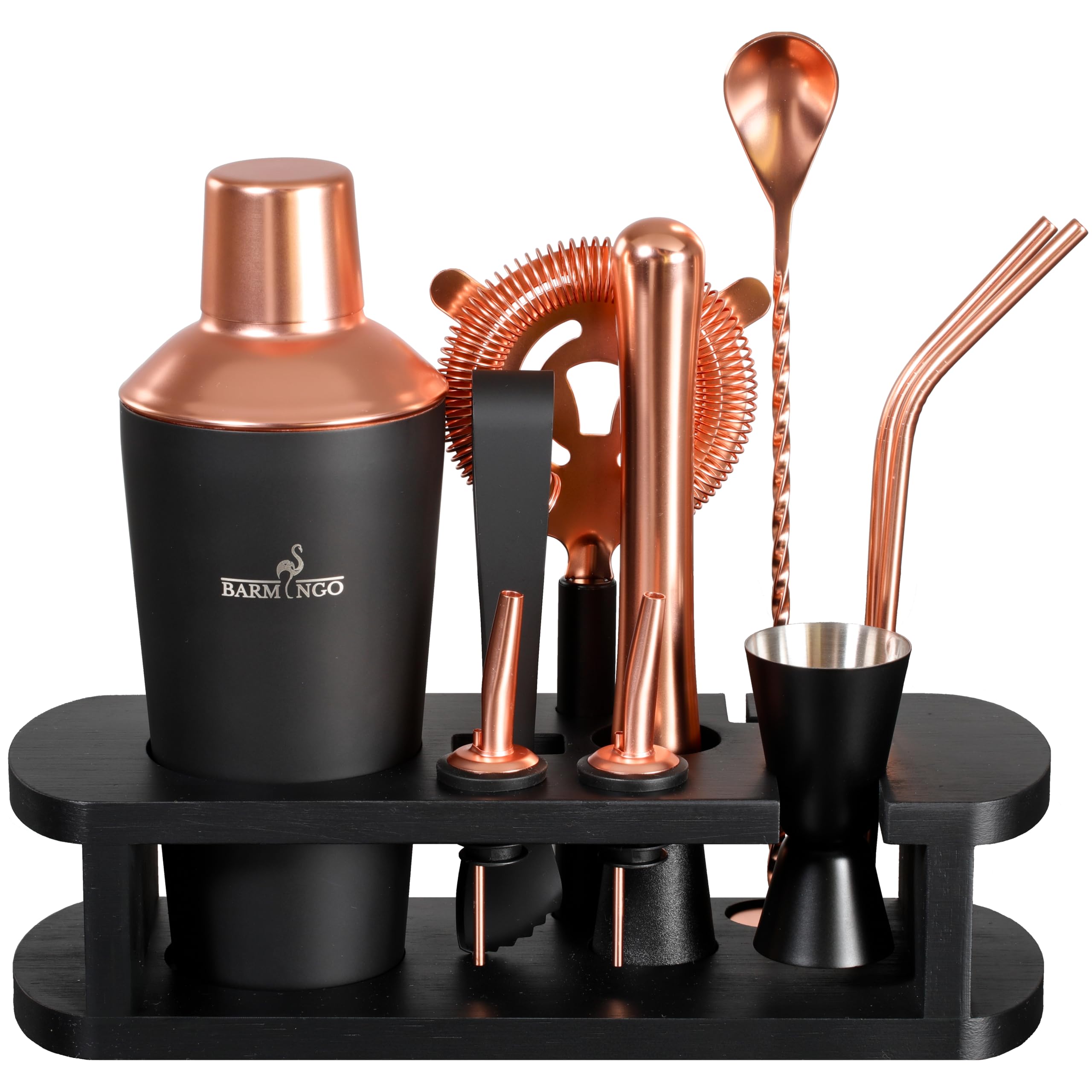 Shaker Cocktail Kit | 11 Pièces, Volume de 700 ML, Noir - Rosé | Shaker Cocktail INOX avec Support et Accessoires de Bar | Set Barman Cocktail Shaker | Kit Cocktail Professionnel