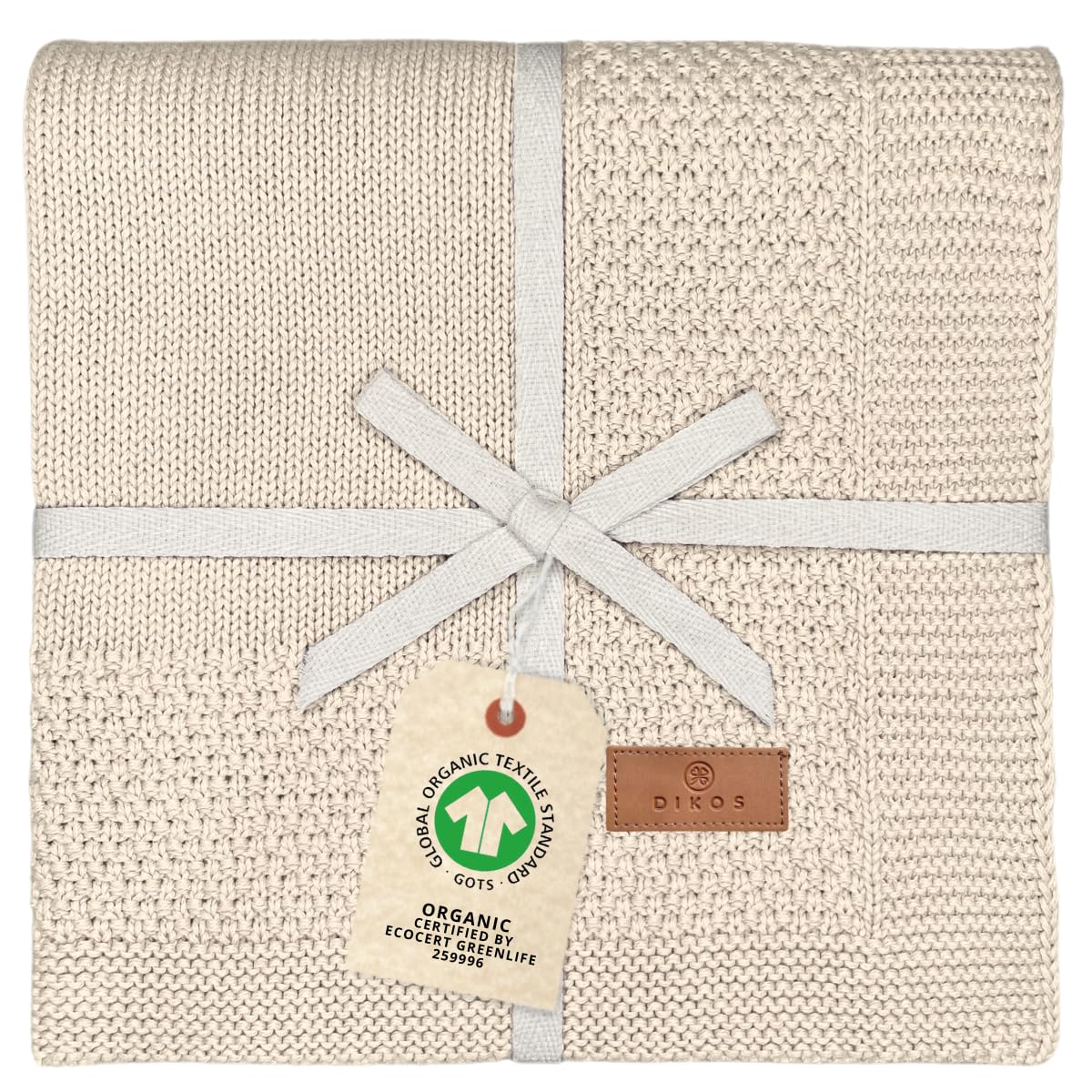 DIKOS® Babydecke (Naturbeige) aus 100% Bio-Baumwolle (GOTS & Oeko-TEX) – schönes Geschenk zur Geburt für Neugeborenen Jungen & Mädchen – weiche, atmungsaktive Strickdecke – ideal als Erstausstattung