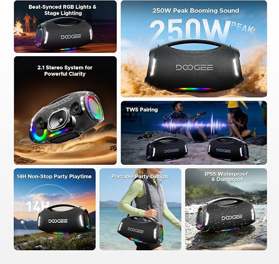 Portable Wireless Speaker, 250W Peak/220W RMS Loud Boombox Speaker, Deep Party Speaker, 20H Playtime, IPX5 Waterproof, RGB Lights, TWS Pairing, USB/TF/AUX