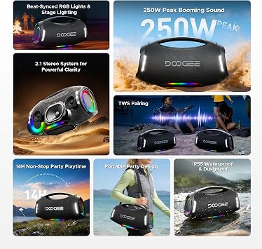 Portable Wireless Speaker, 250W Peak/220W RMS Loud Boombox Speaker, Deep Party Speaker, 20H Playtime, IPX5 Waterproof, RGB Lights, TWS Pairing, USB/TF/AUX