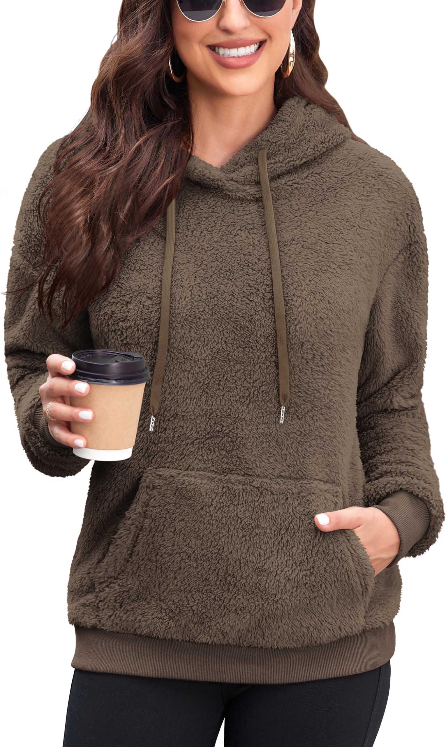 NeineiwuWomen's Pullover Teddy Hoodie Fleece Sweatshirt Loose Jumper Tops with Pocket