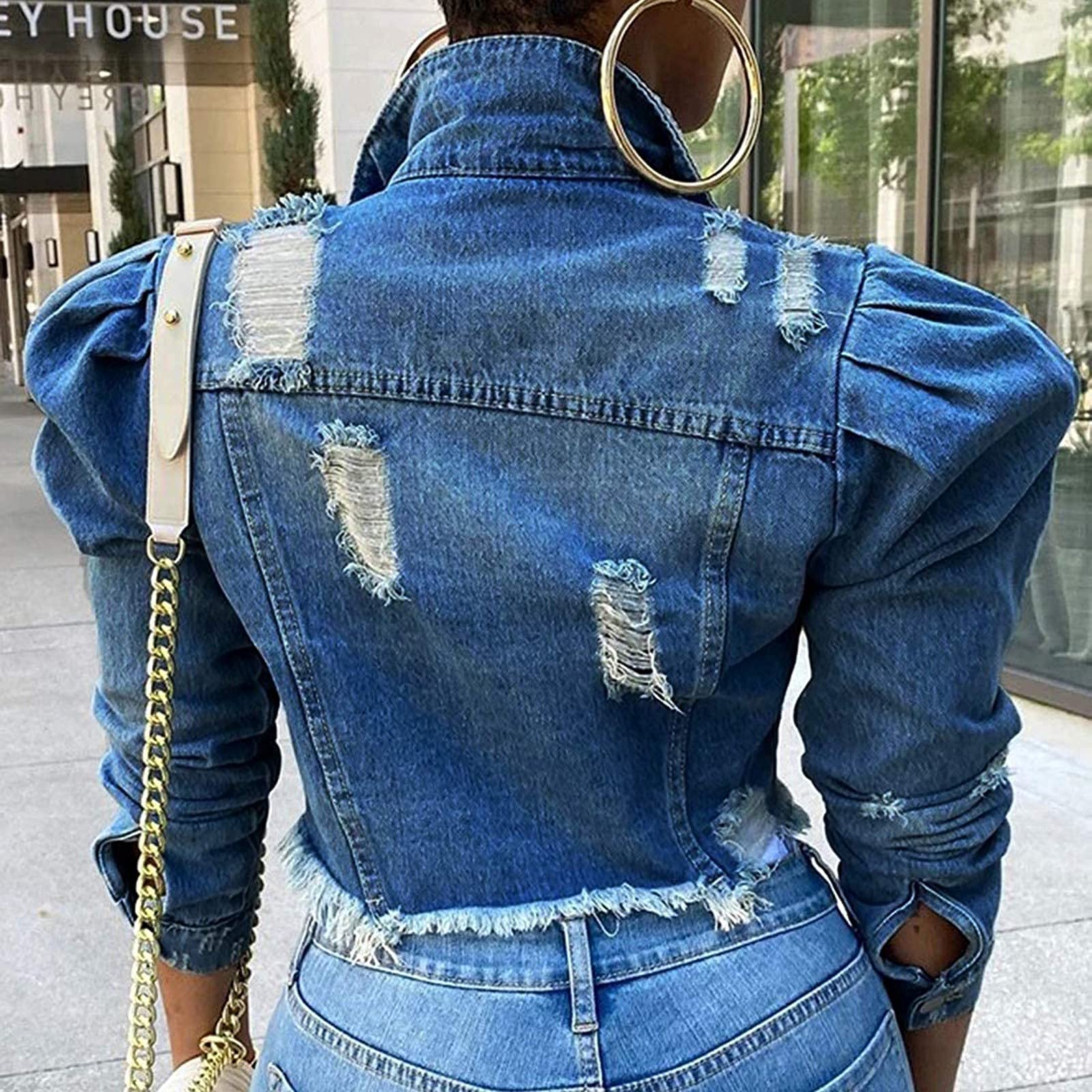 Jeansjacke Damen Kurz Jacke Vintage Mantel Langarm Jacket Einfarbig