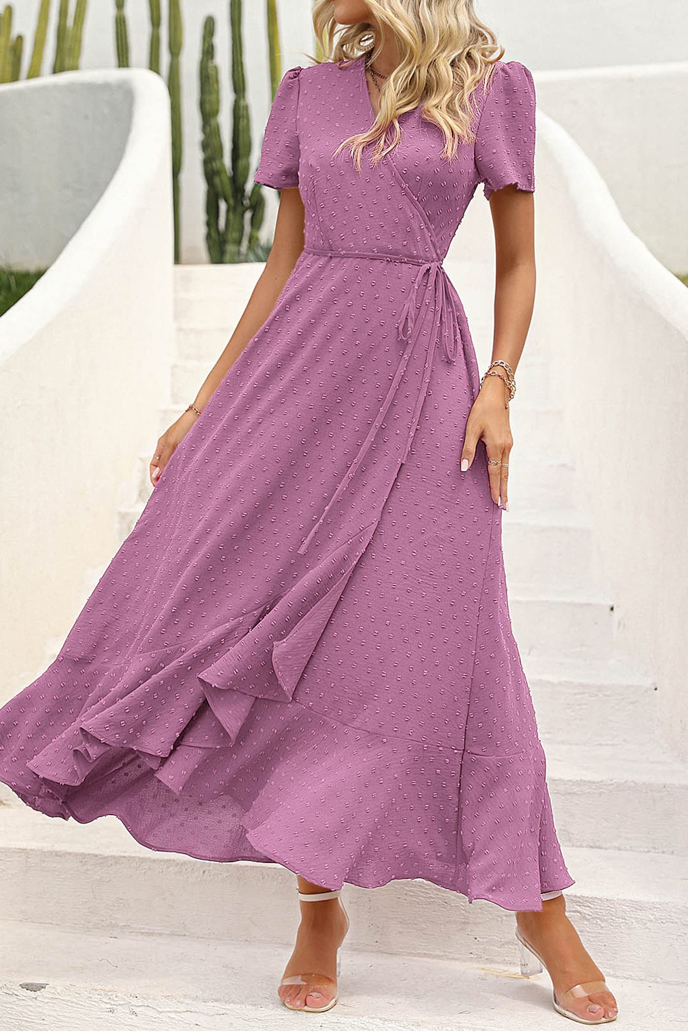 PRETTYGARDEN Women's Boho Floral Maxi Dress Summer Short Sleeve Wrap V Neck Long Flowy Beach Vacation Wedding Guest Dresses: Z_purple Large