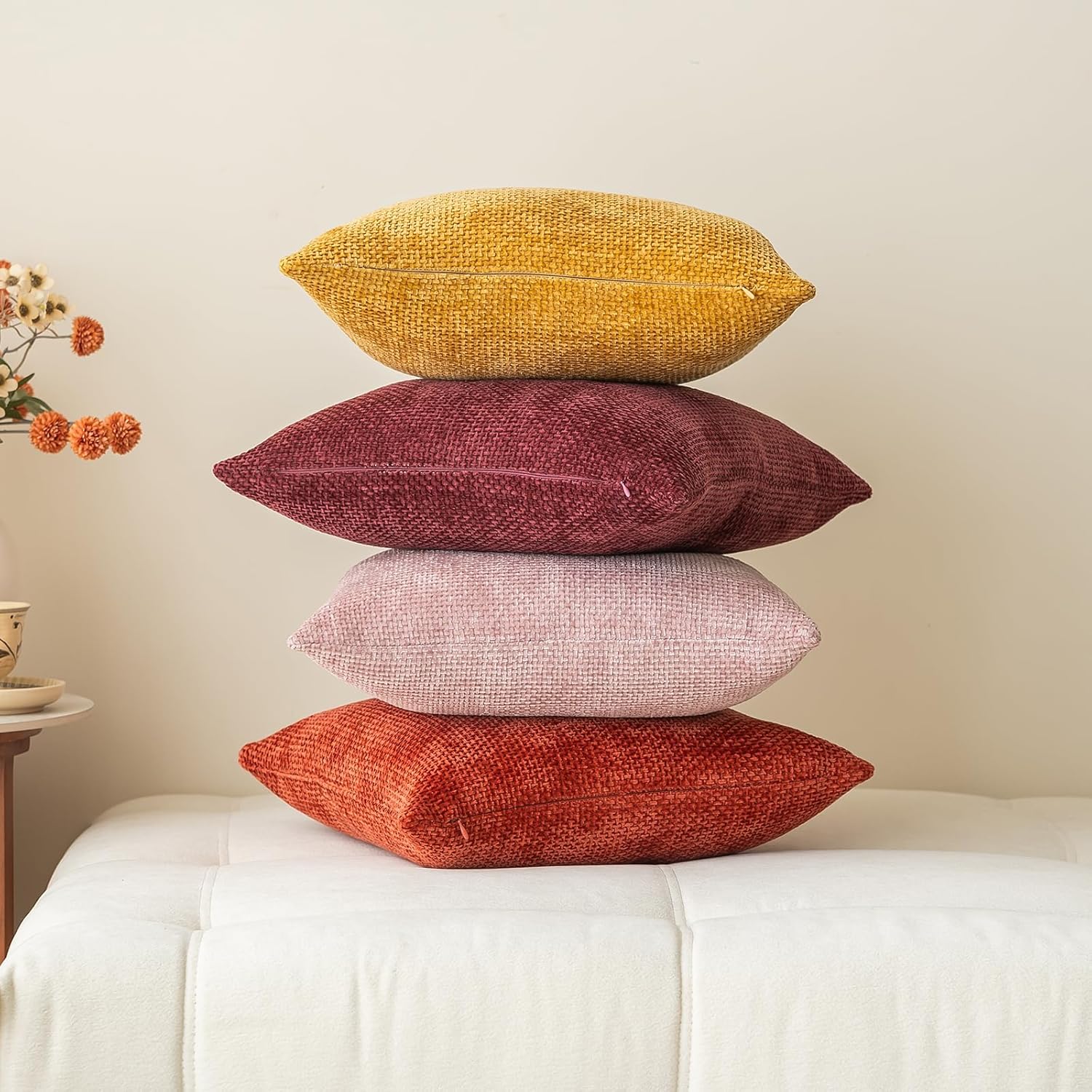 Soft Chenille Decorative Throw Pillow Covers 20x20 Inch for Living Room Decor, Neutral Burnt Orange Sofa Couch Pillow Covers for Modern Home Decor Deal, Pack of 4 OR