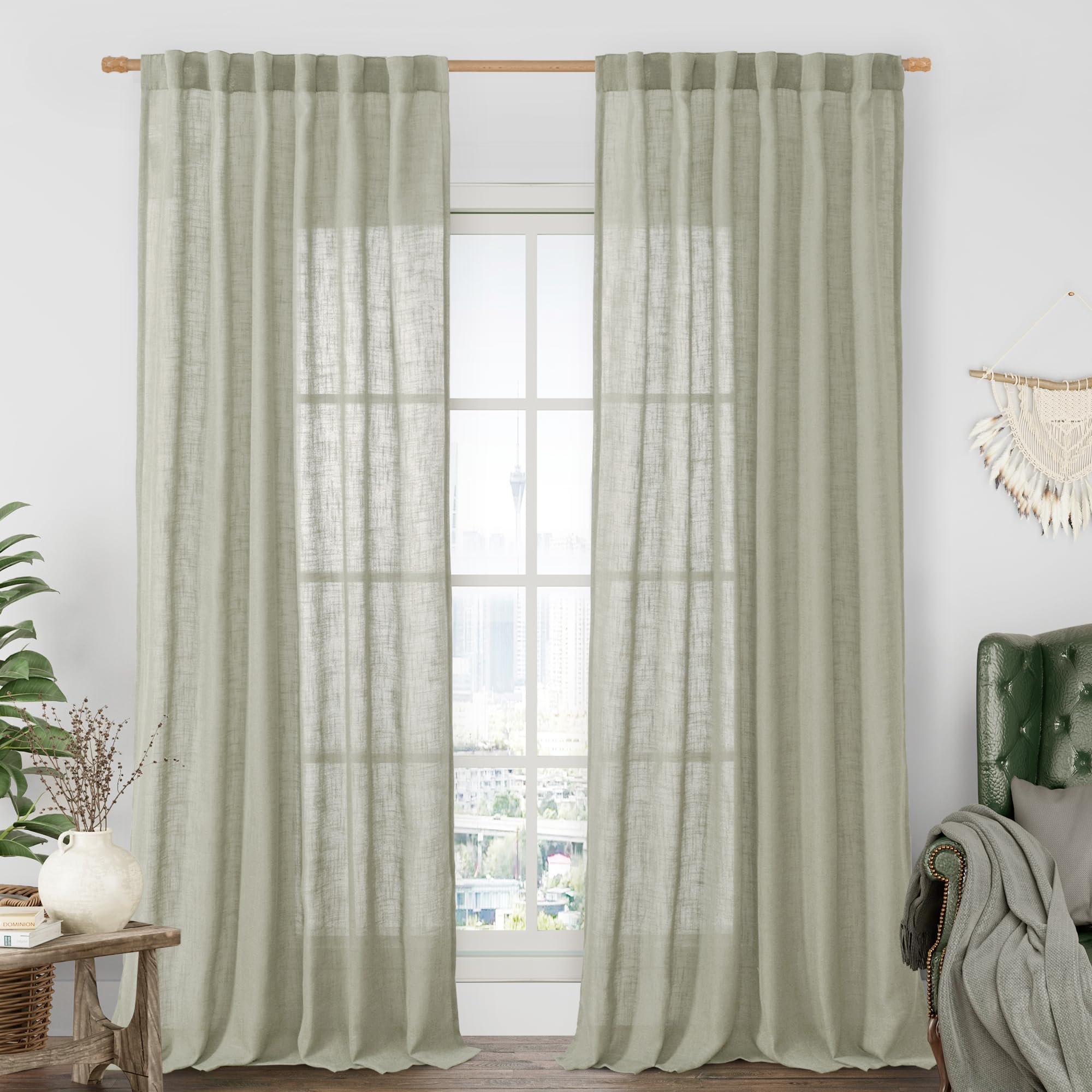 LAMIT Sage Grey Linen Curtains for Living Room 84 Inch Length 2 Panels, Light Filtering Semi Sheer Back Tab and Rod Pocket Farmhouse Curtains for Bedroom/Sliding Glass Door, 52 x 84 Inch