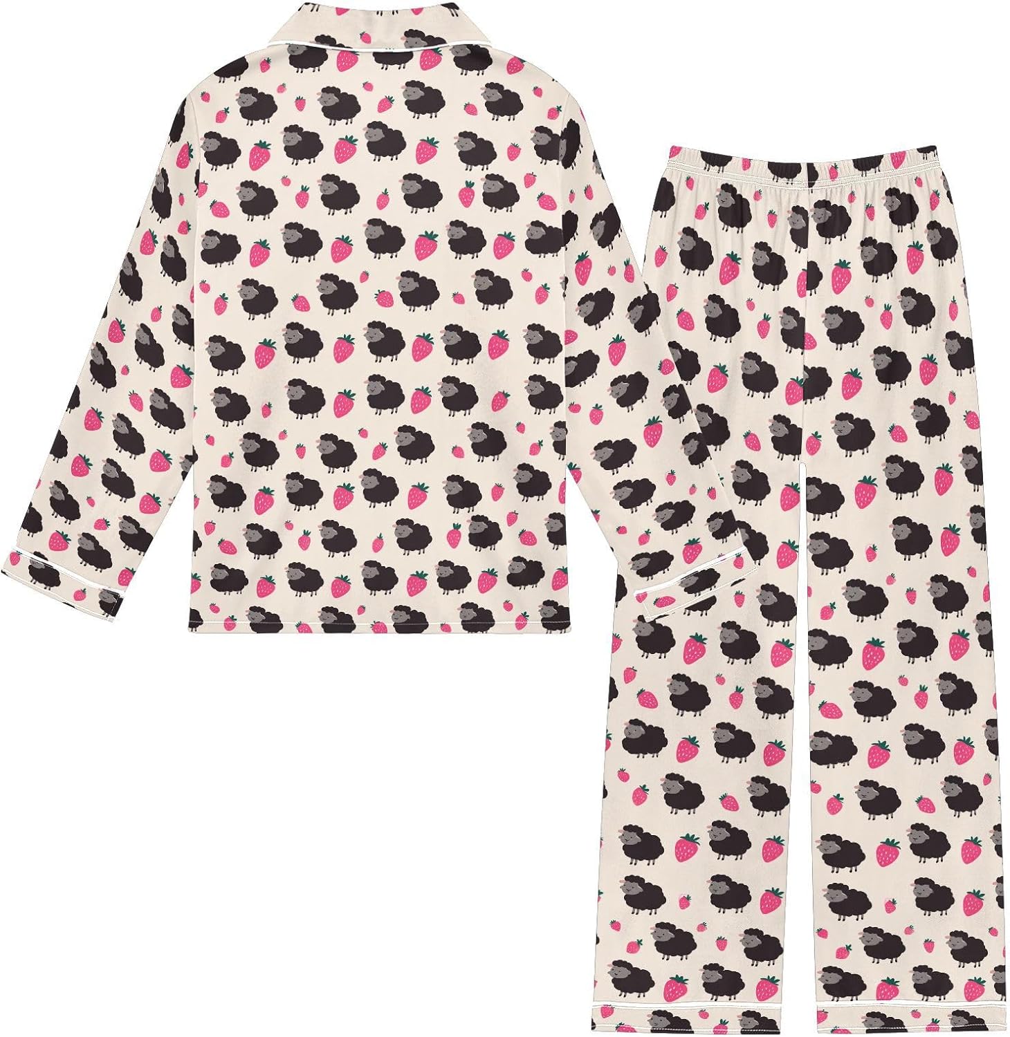 Strawberry Black Sheep Satin Pajama Sets Long Sleeves Nightwear Button Down Sleepwear