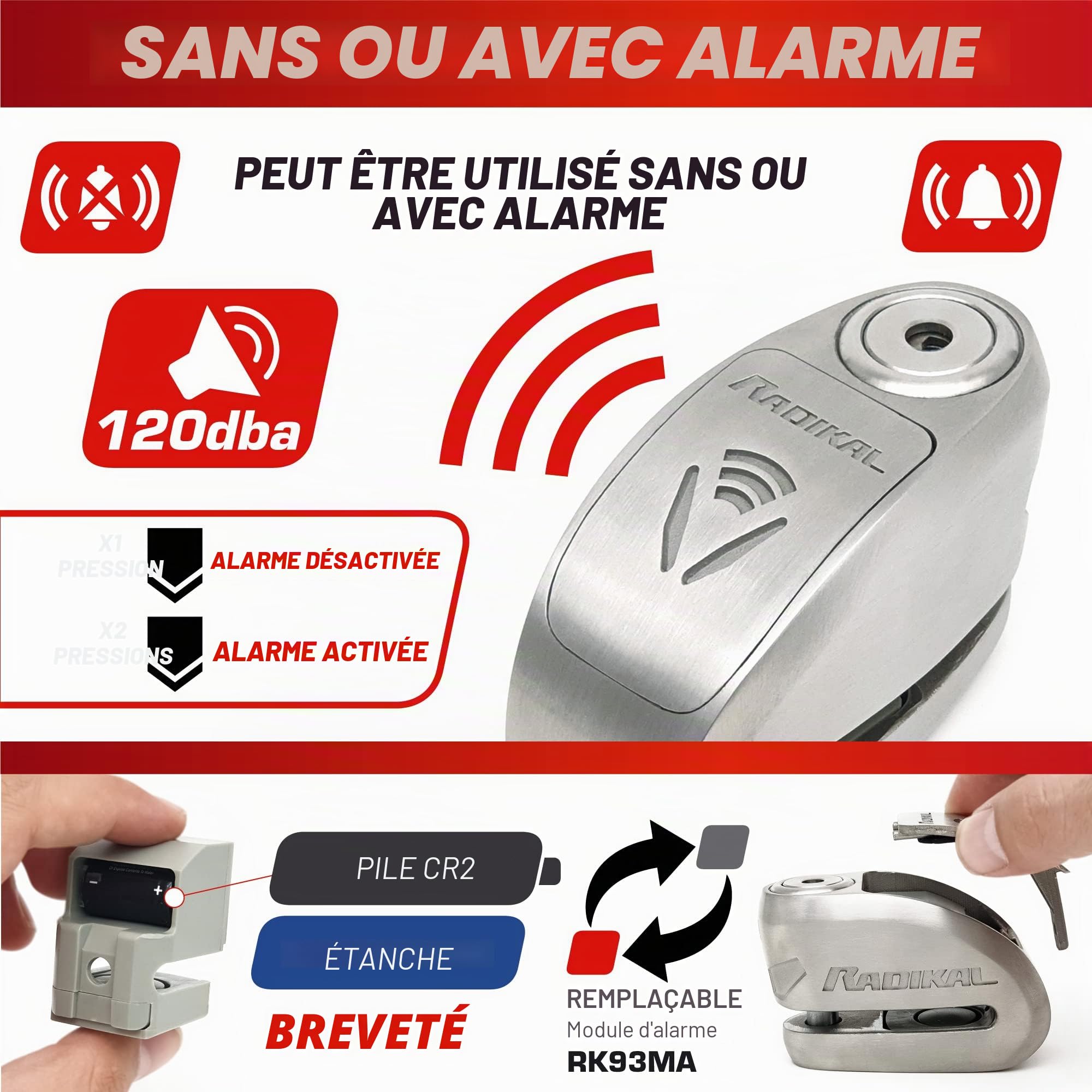 RADIKAL RK910S Antivol Moto Homologué SRA, Bloque Disque Alarme Premium X2-ON, Serrure Haute Sécurité Anti-Perçage Anti-Crochetage, Double Verrouillage 10mm, Bloc Acier Inox Anti Vol pour Moto Scooter
