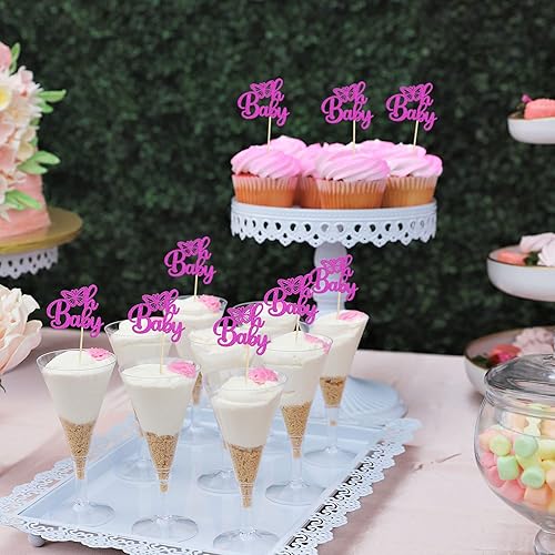 Miniatura 4 de Gyufise 24 adornos de mariposa Oh Baby para cupcakes con purpurina morada para baby shower, decoración para temática de mariposa, baby shower,
