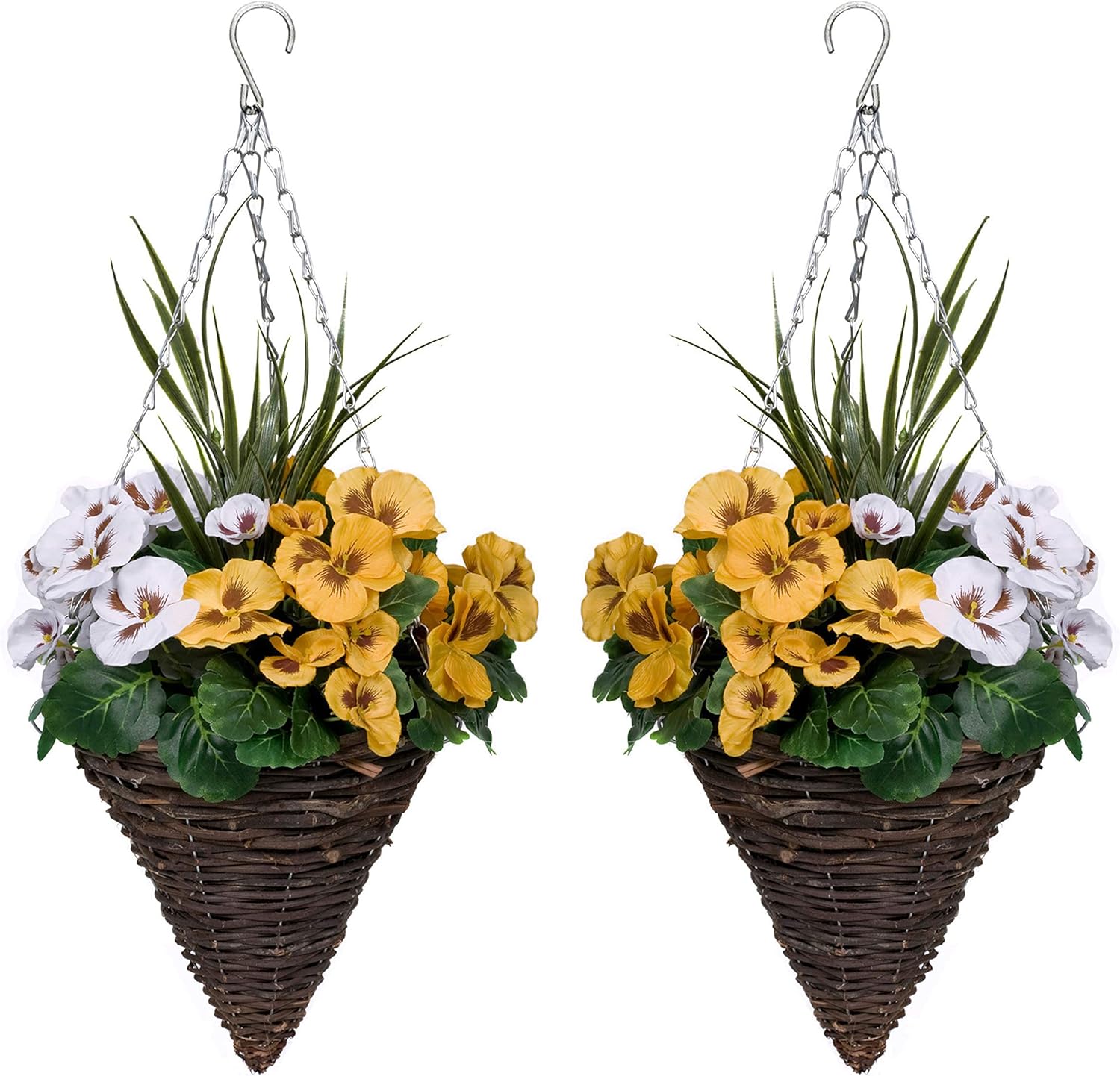 2 x Artificial Cone Shaped Hanging Baskets with Yellow & White Flowers