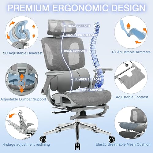 Miniatura 5 de Silla de oficina ergonómica de malla con reposabrazos 4D, silla de escritorio con respaldo alto, sillas de juegos para computadora con reposapiés,