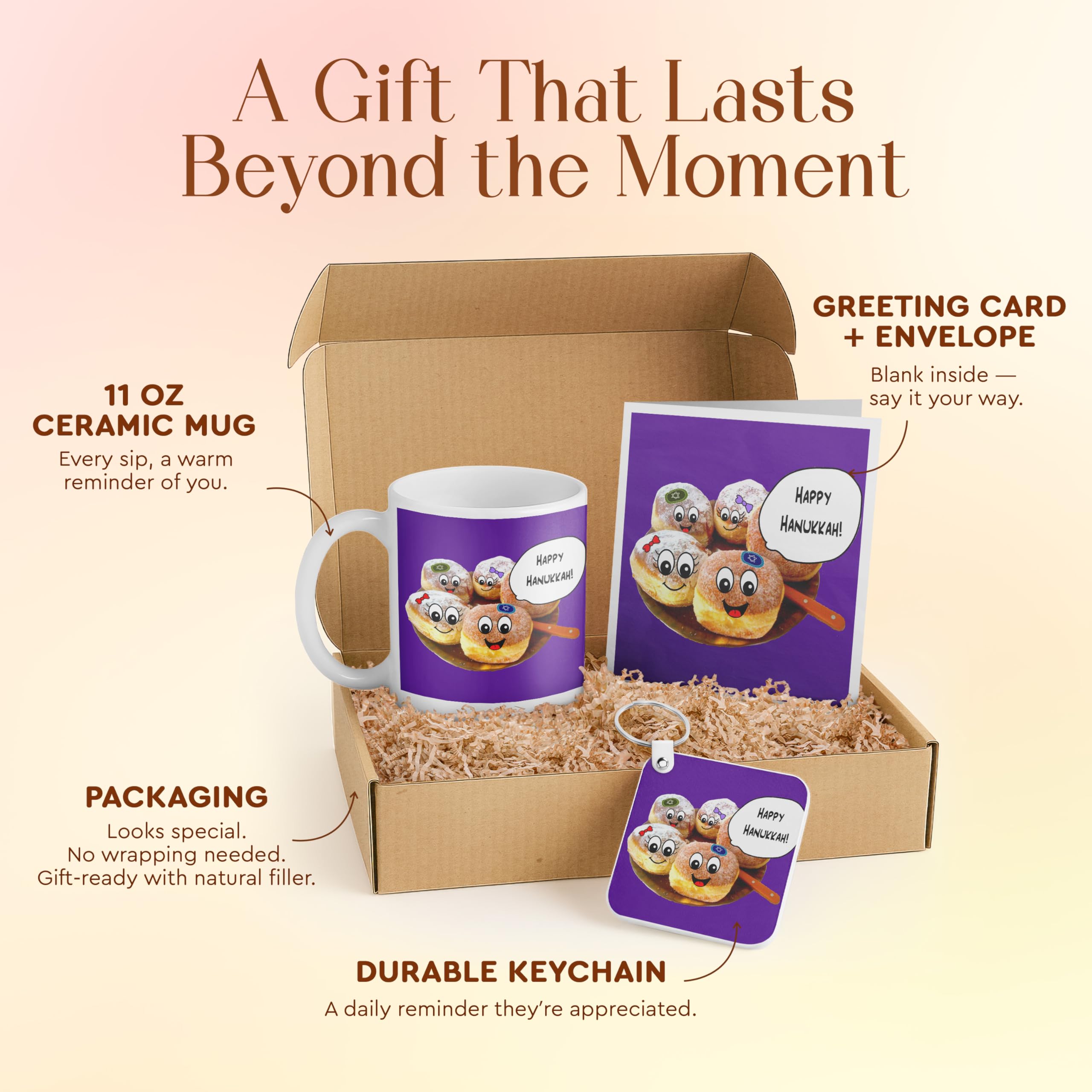 3dRose Hanukkah Gift Set for Kids - Colorful Mug, Card, and Keychain Featuring Cartoon Jewish Donuts - Perfect for Holiday Celebrations and Friends