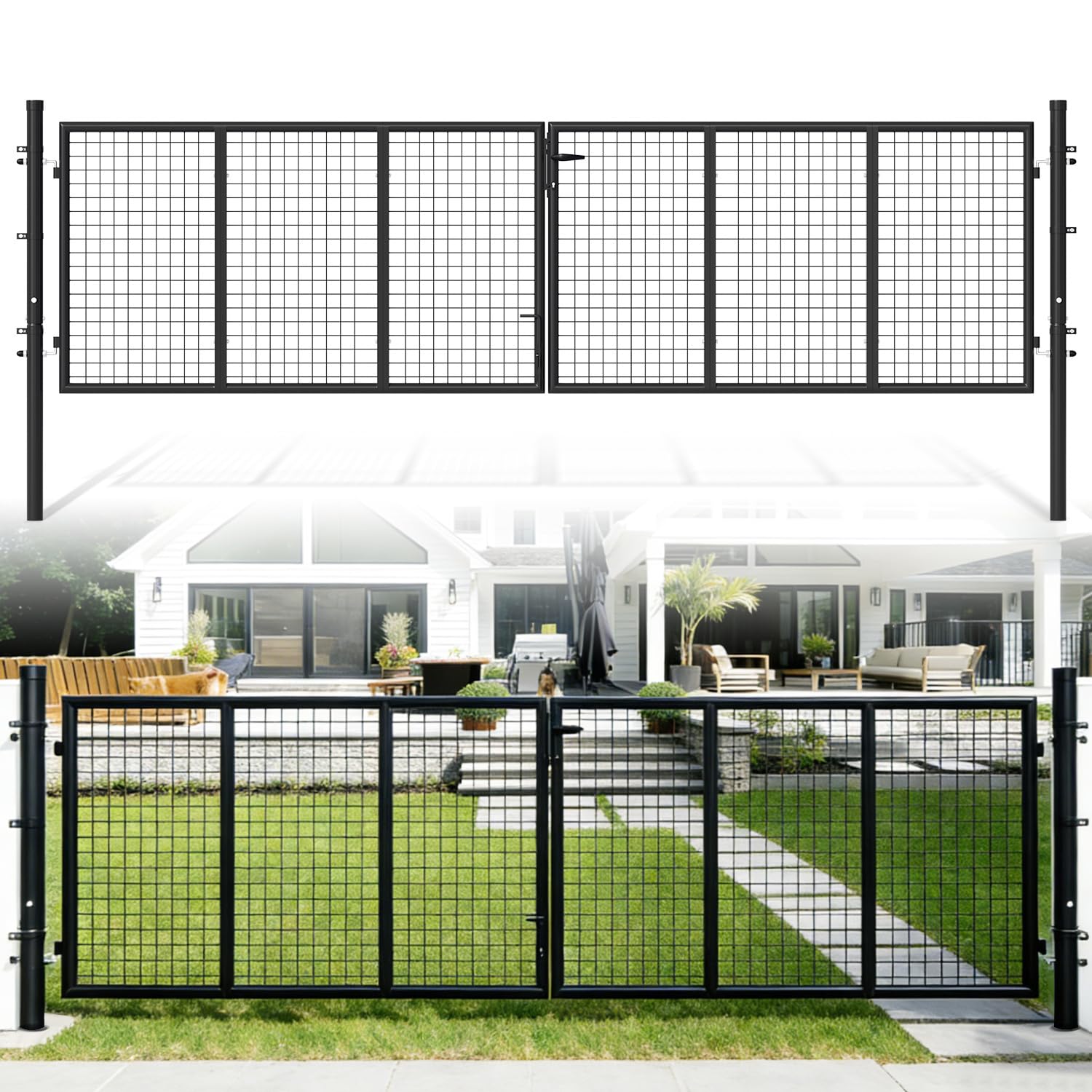 Gartentor, 350x100cm Gartentür aus verzinkter Stahl, Gartenzaun Zauntür mit Schloss, Griff und 3 Schlüsseln, Doppeltor, für Garten Tor Gartenpforte Hoftor, Anthrazit