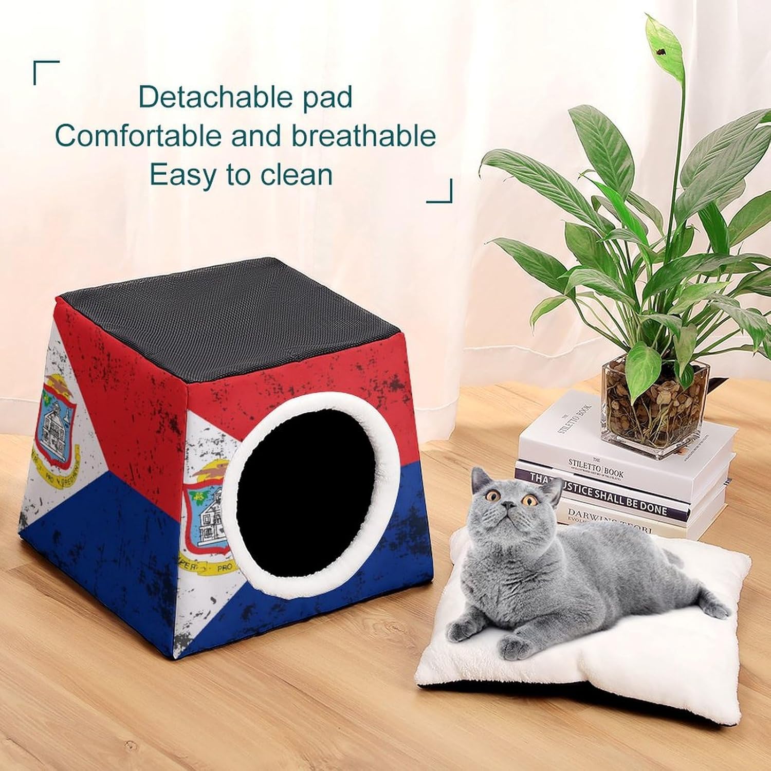 Generic Retro Dutch Saint Martin Flag Cat House for Indoor with Spacious Cat Nest, style-15-3-1