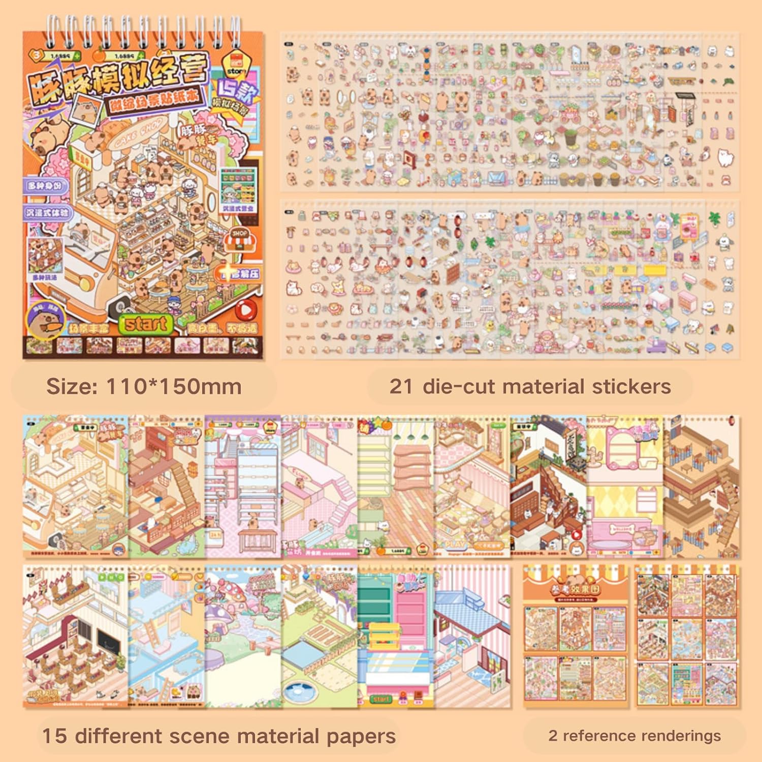 3D Capybara Scene Stickers-15 Sets Cute DIY 3D Mini House & Garden Stickers- Create Your Own Amusement Park, Capybara Micro Scenes for Stress Relief, Crafts, Adults & Teens