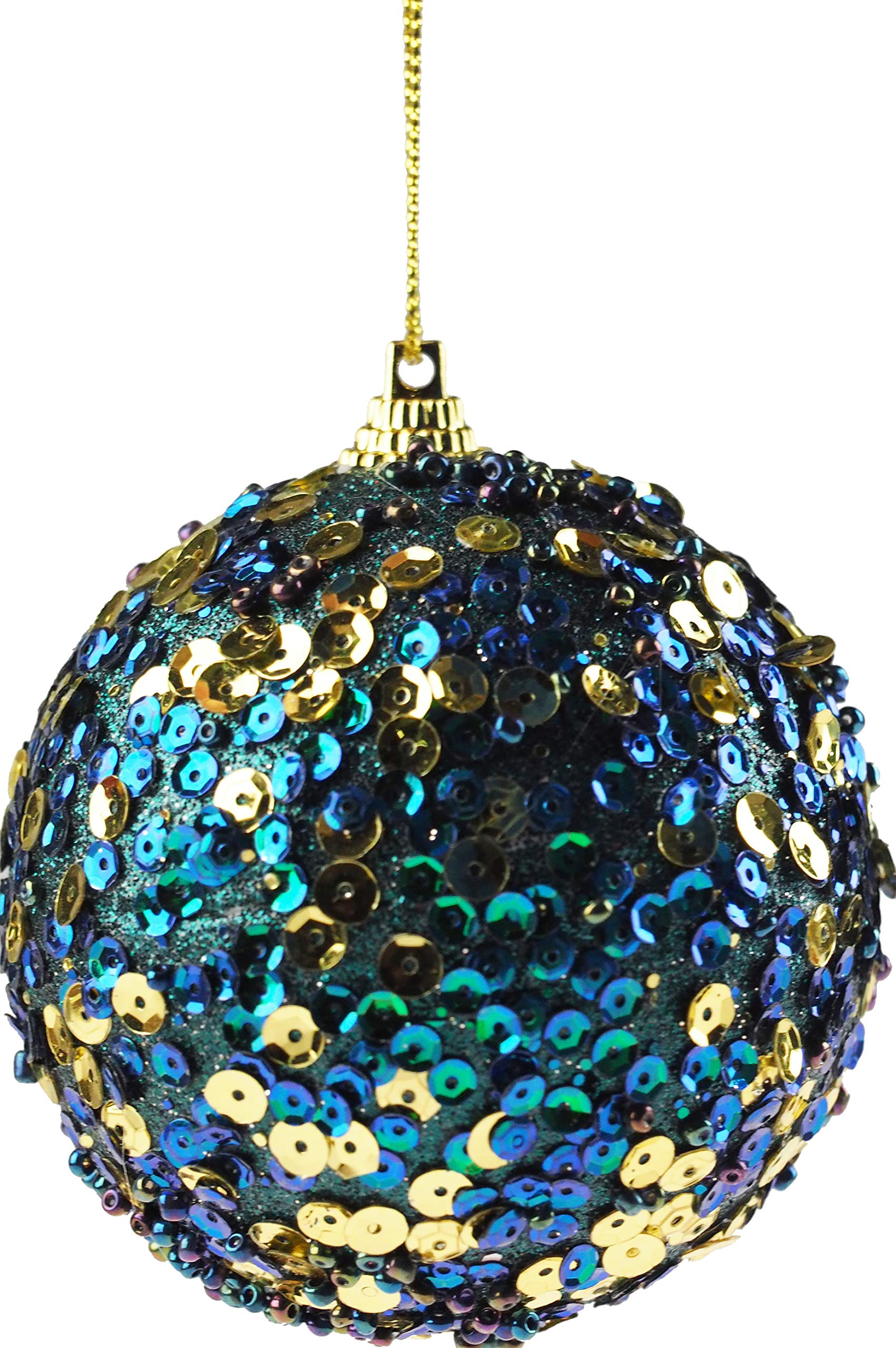 Set Of 6 Opulent Glitter Encrusted Blue Gold Sequin Christmas Tree Baubles Decorations