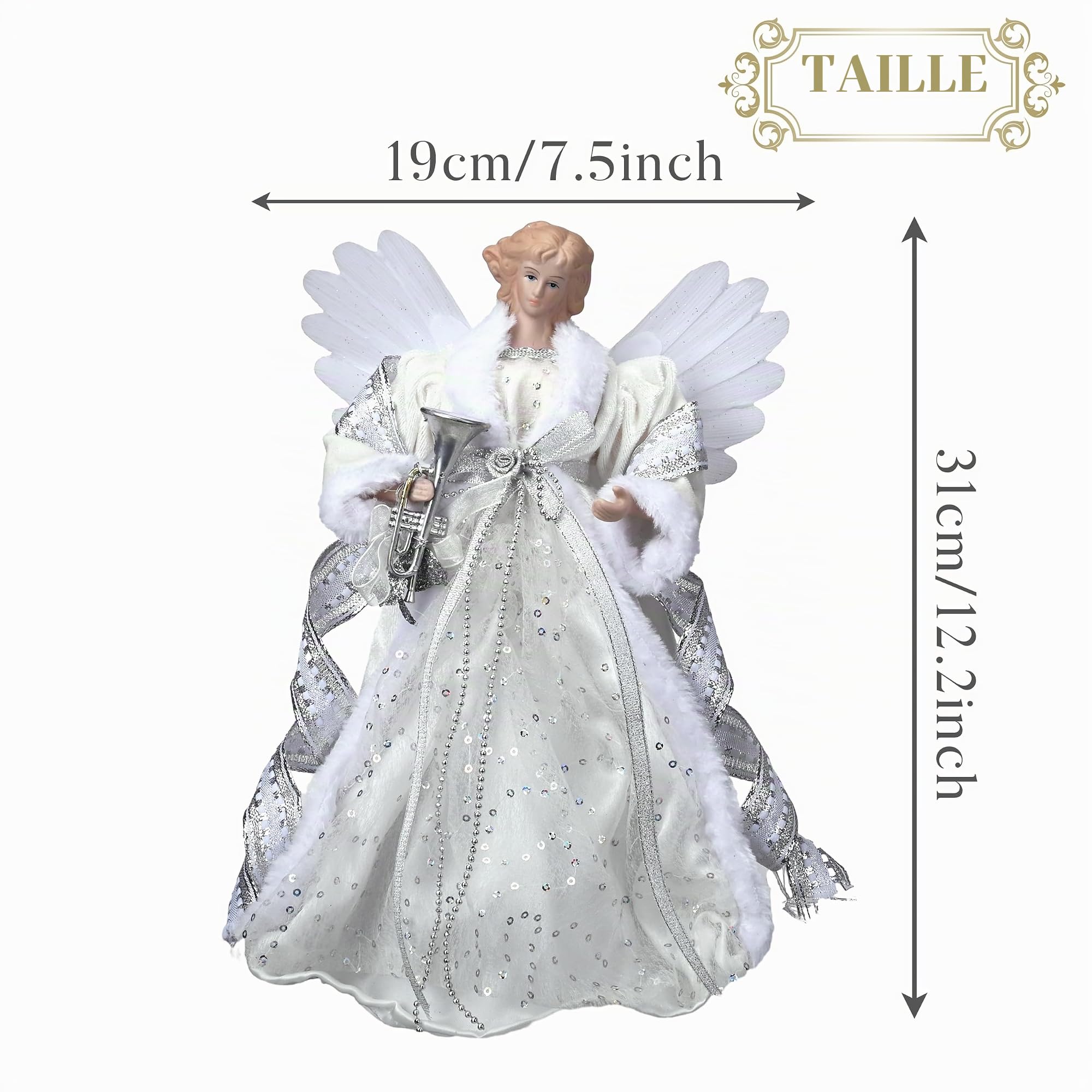 Valery Madelyn Décorations de Sapin de Noël avec Ange Blanc Argent, Pointe de Sapin de Noël en Forme d'ange Traditionnel, Cime de Sapin Noël avec 10 lumières LED, à Piles(Non Inclus) 31 cm