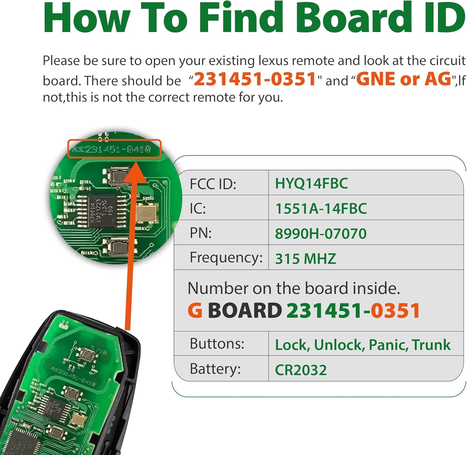 Replacement for 2020 2021 2022 Smart Proximity Toyota Avalon GNE 231451-0351 Board Key Fob HYQ14FBC 315MHz 4 Buttons